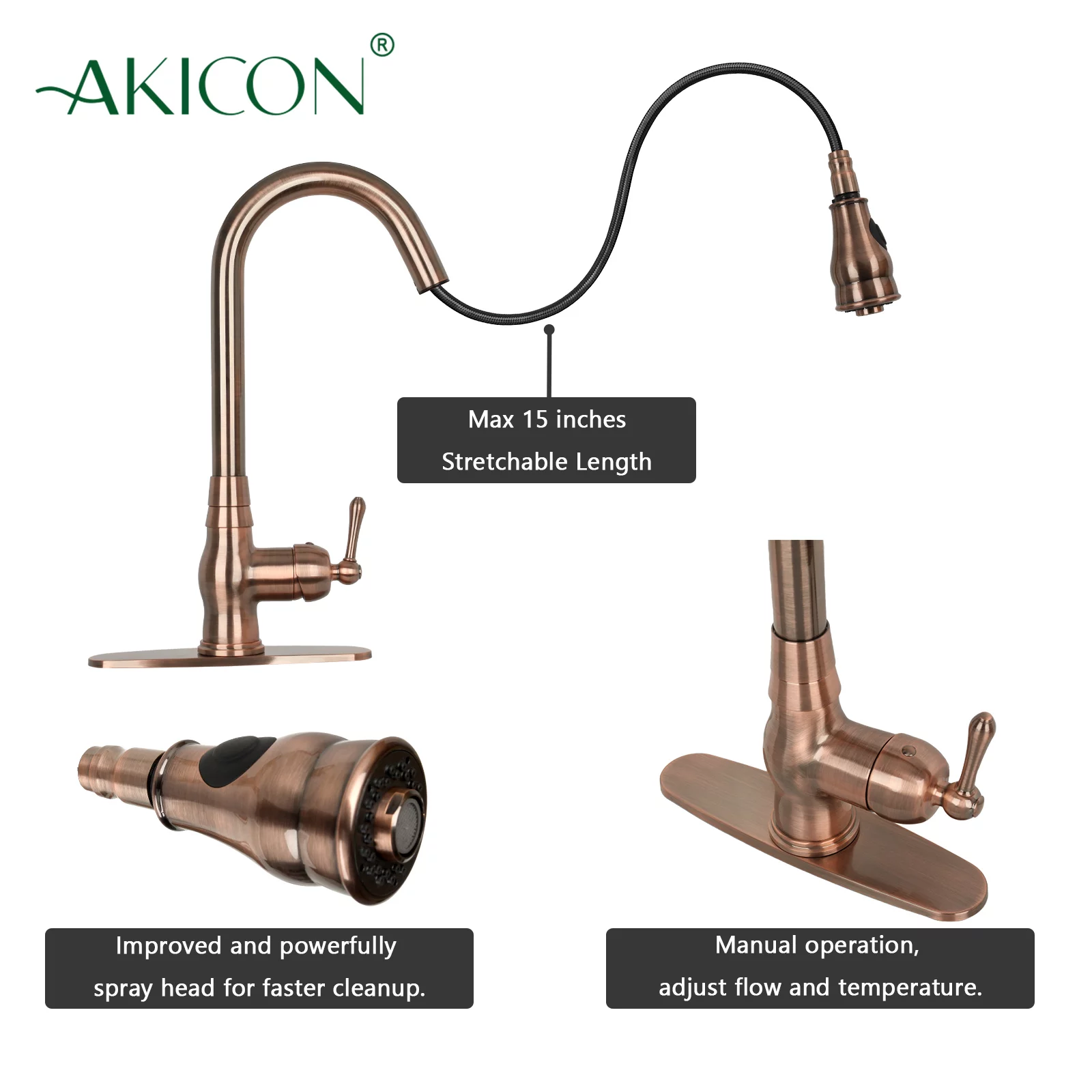 Akicon Pull Out Kitchen Faucet with Deck Plate, Single Level Solid Brass Kitchen Sink Faucets with Pull Down Sprayer - Antique Copper