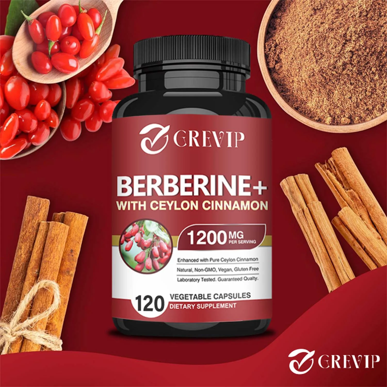 Grevip Berberine HCI+Ceylon Cinnamon 1200mg -Cardiovascular Health,Blood Sugar Support(30/60/120pcs)