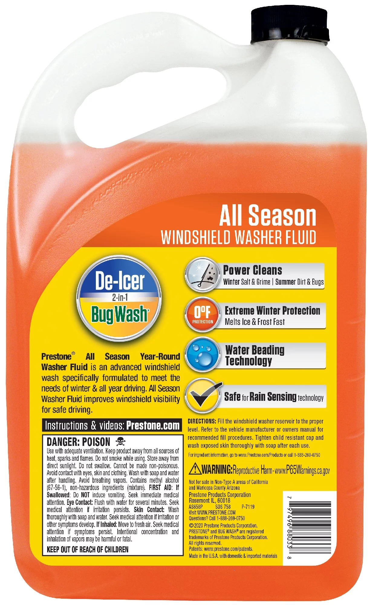 Prestone All Season 2in1 Washer Fluid - 1 gal; Year round , 0° De-Icer+Bugwash