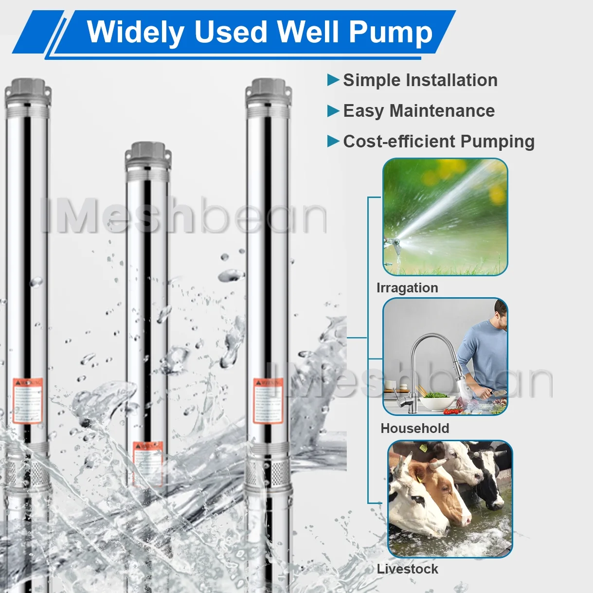 iMeshbean Deep Submersible Well Pump 1HP 220V,207ft Head 33GPM with 100ft Cord,Submersible Well Pump 4