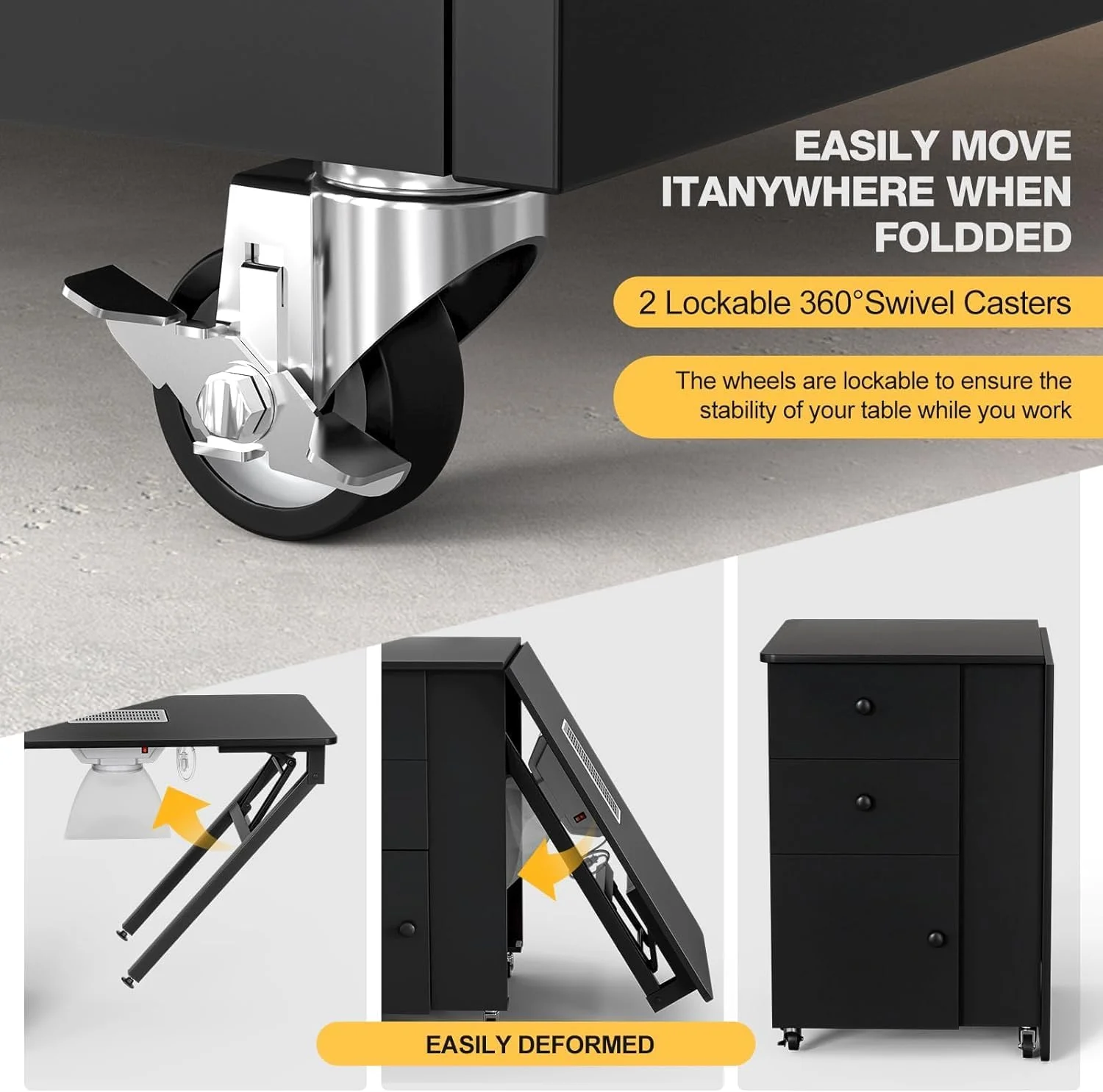 YiSHOP Foldable Manicure Table Nail Desk, Foldable Rolling Nail Table Station with Built-in Dust Collector, Adjustable Length, Wrist Pad & Lockable Rolling Wheels, Storage Desk for Nail Tech(Black)