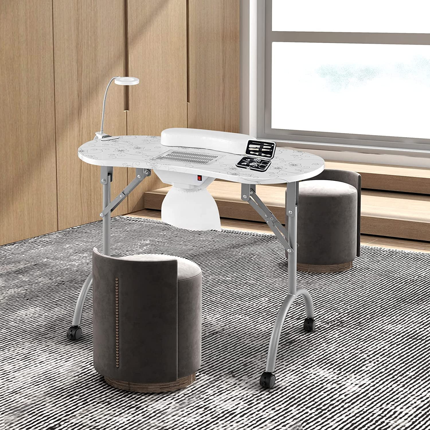 YiSHOP Nail Table for Nail Tech, Portable Manicure Table with Electric Dust Collector, USB-Plug LED Lamp, Wrist Rest, 4 Lockable Wheels, Foldable Nail Desk with Carry Bag (Black)