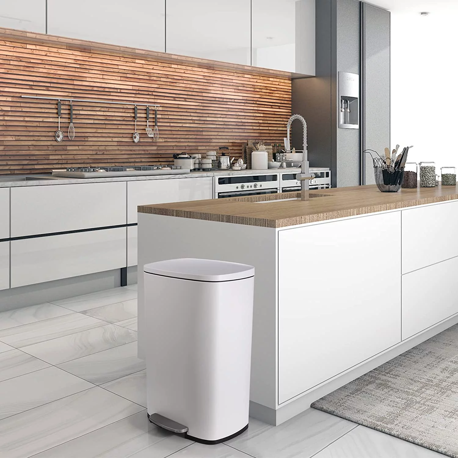 U-SHARE  13.2 Gallon Step Trash Can, Stainless Steel Garbage Bin, Soft-Close Rubbish Bin with Removable Plastic Inner Bucket, Fingerprint-Proof, Lid Dustbin, Suit for Kitchen Home (50L, White)