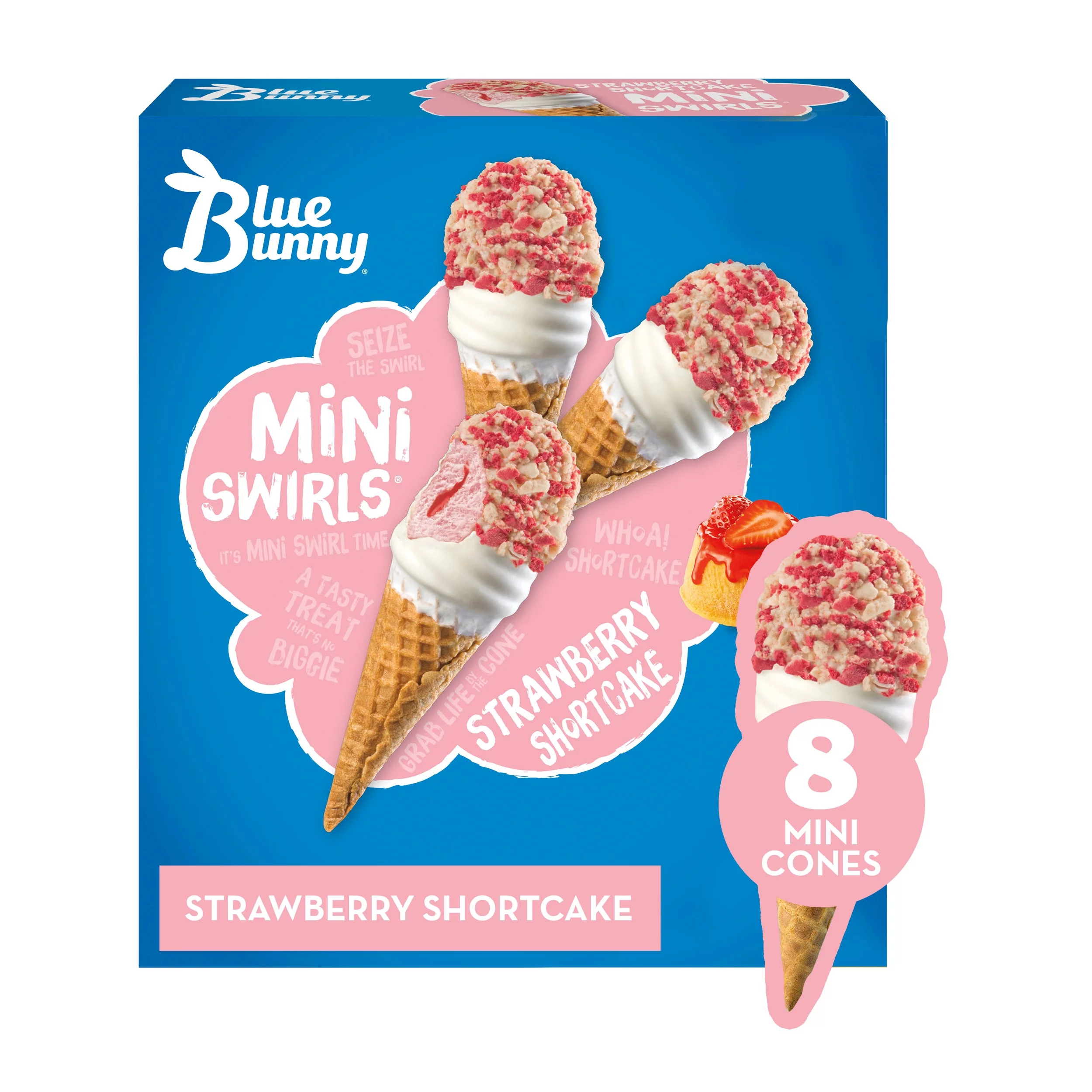 Blue Bunny Mini Swirls Strawberry Shortcake Frozen Dessert Cones, 18.4 fl oz 8 Pack