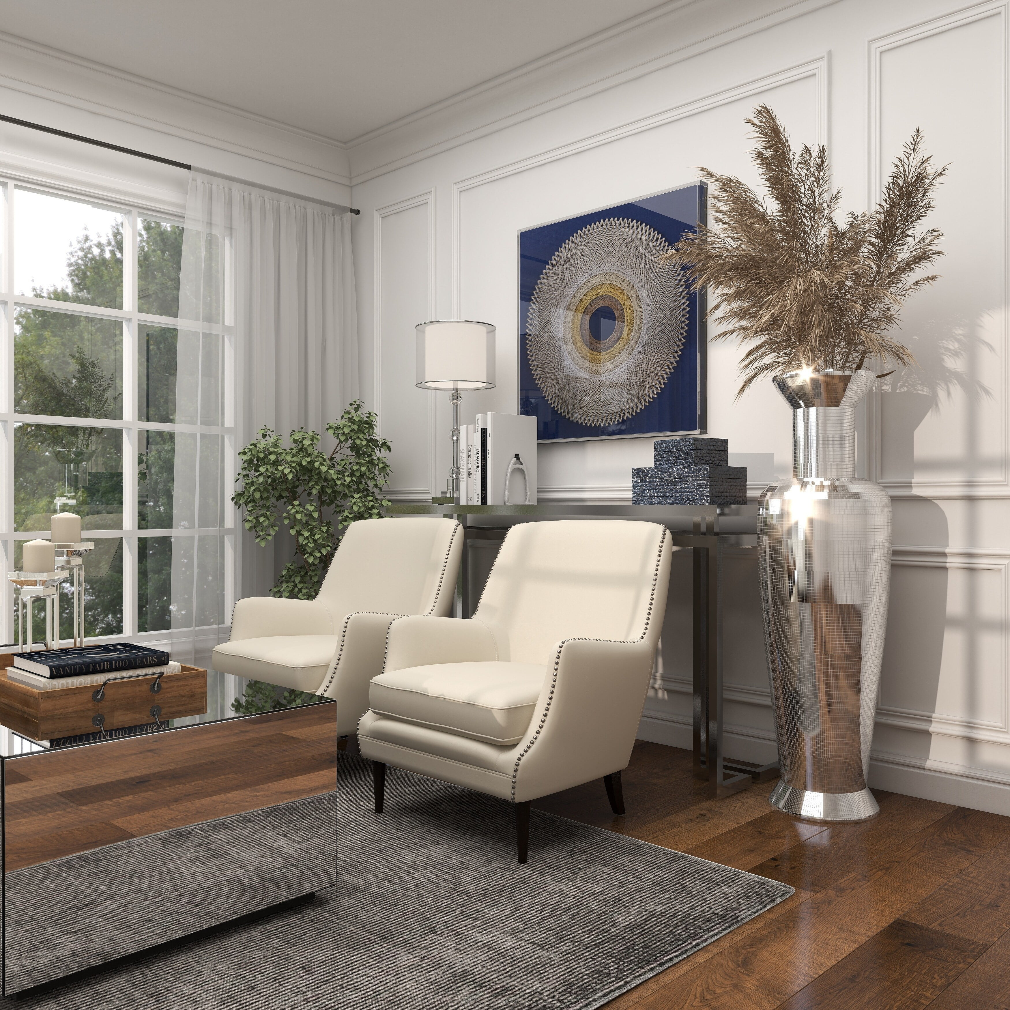 Studio 350 Silver Polystone Tall Floor Vase with Mosaic Mirror Inlay