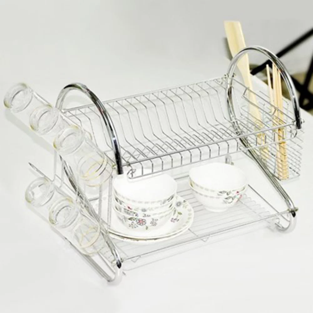Kogiio Kitchen Stainless Steel Dish Cup Drying Rack Holder 2-Tier Dish Rack Sink Drainer (Silver)