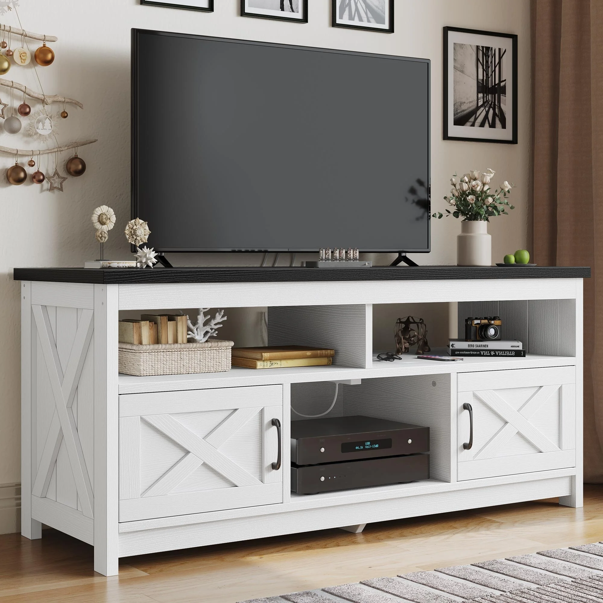 WedealFu Inc Farmhouse 59-inch Barn Door TV Stand with Power Outlet Black Top/White