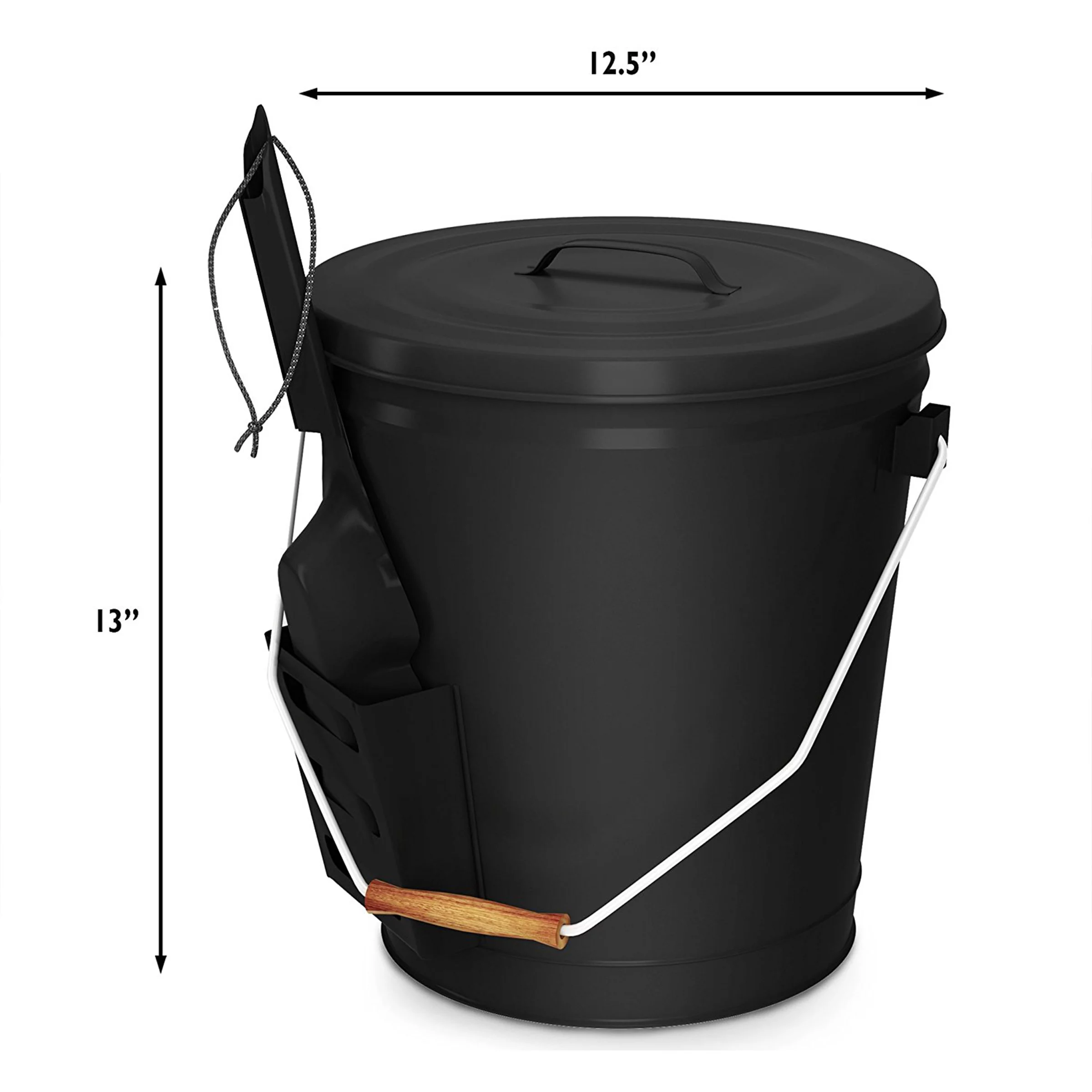 Home-Complete 4.75-Gallon Metal Ash Bucket with Lid and Shovel (Black)