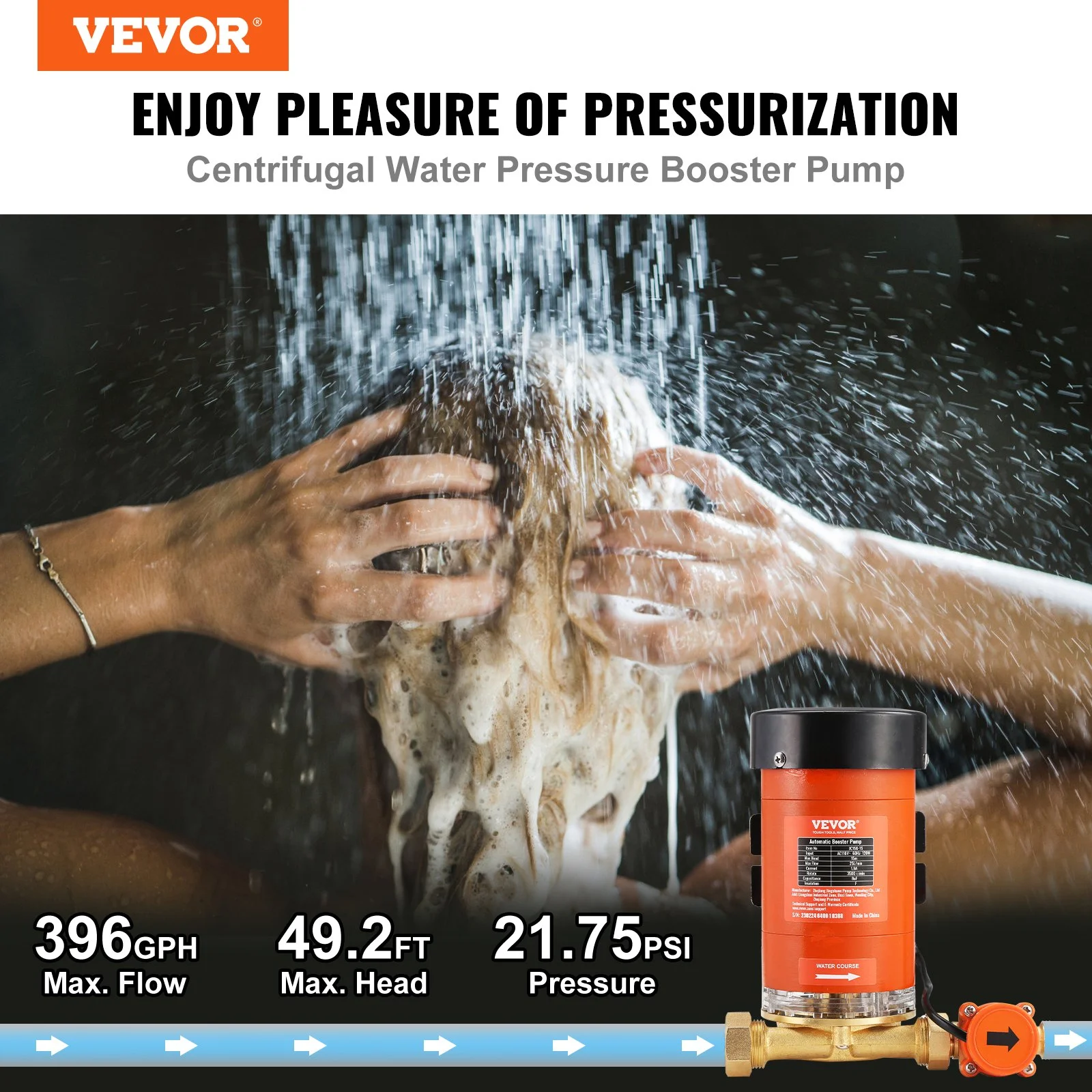 VEVOR 120W Water Pressure Booster Pump, 110V AC - 396 GPH, 21.75 PSI with Max Flow 25 L/min, Automatic Household Pump for Whole House and Shower, Includes Water Flow Switch
