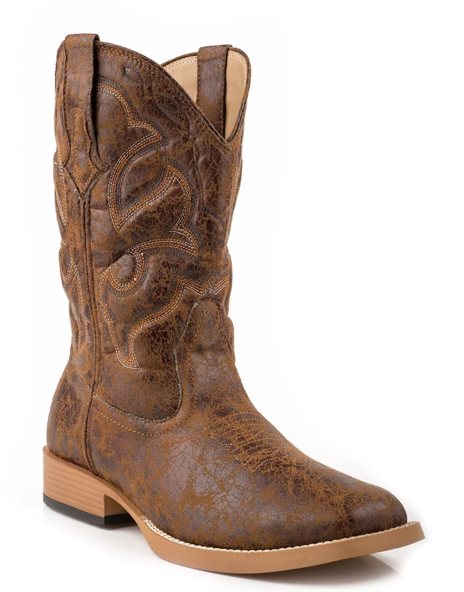 Roper Mens Cowboy Boots Tan Square Toe Vintage Faux Leather Stitch 7.5 M