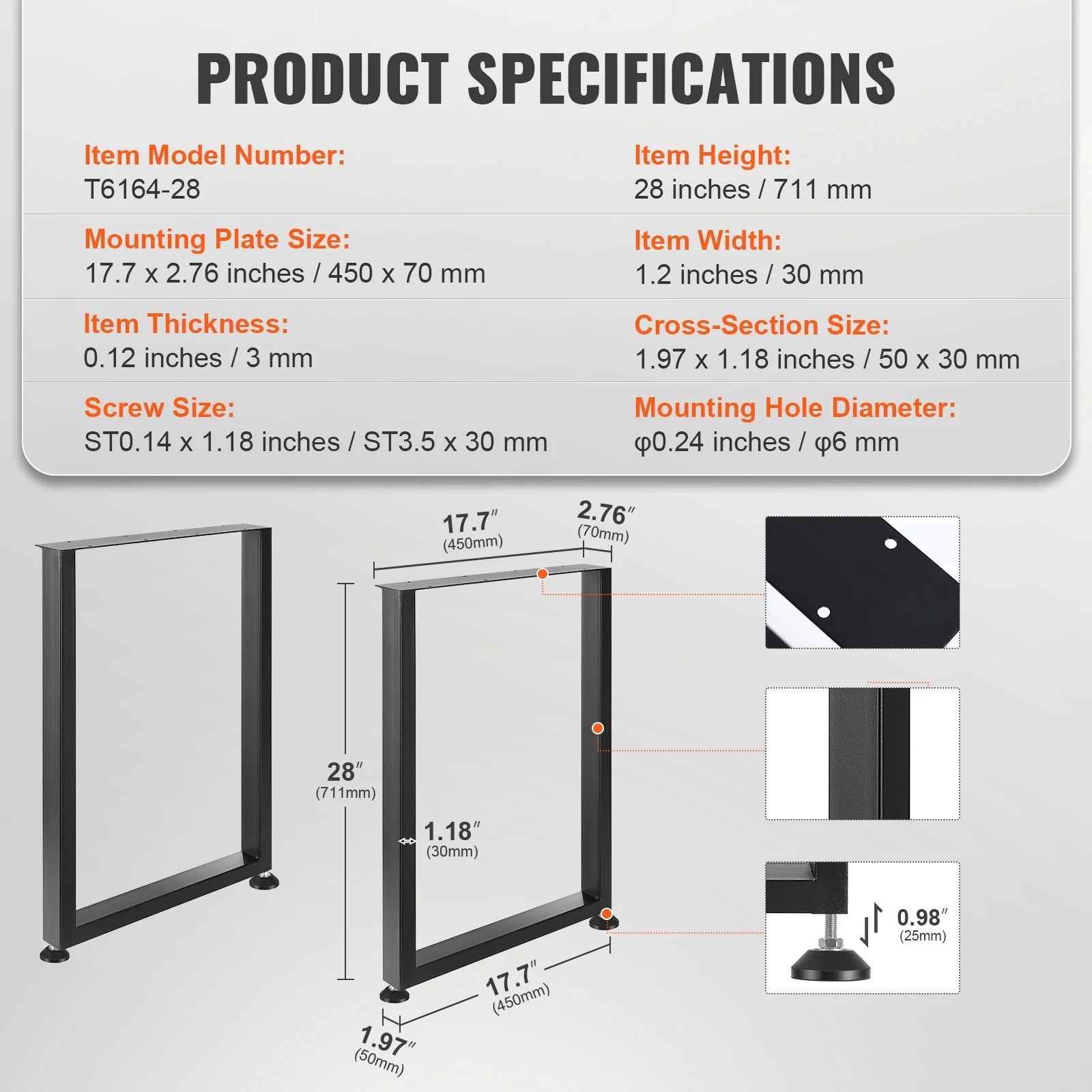 SKYSHALO 28 Inch Adjustable Furniture Legs Square Solid Steel Set of 2 Black