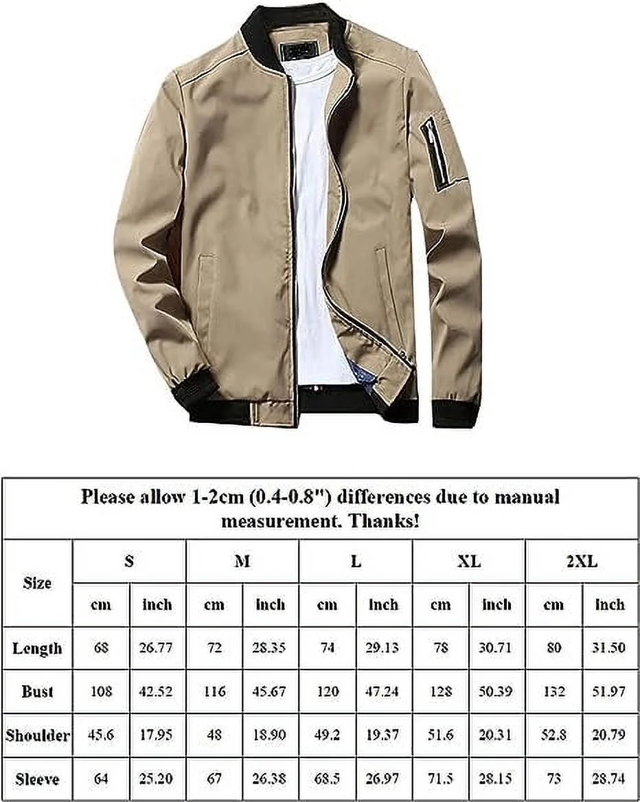 Lavnis Men's Bomber Jacket Sportwear Casual Full Zipper Coat Lightweight Autumn Outdoor Long Sleeve Black 2XL