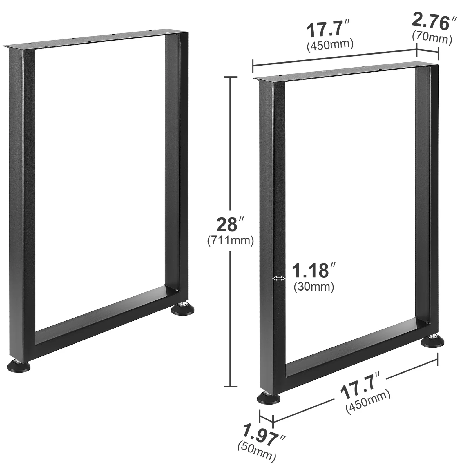 SKYSHALO 28 Inch Adjustable Furniture Legs Square Solid Steel Set of 2 Black