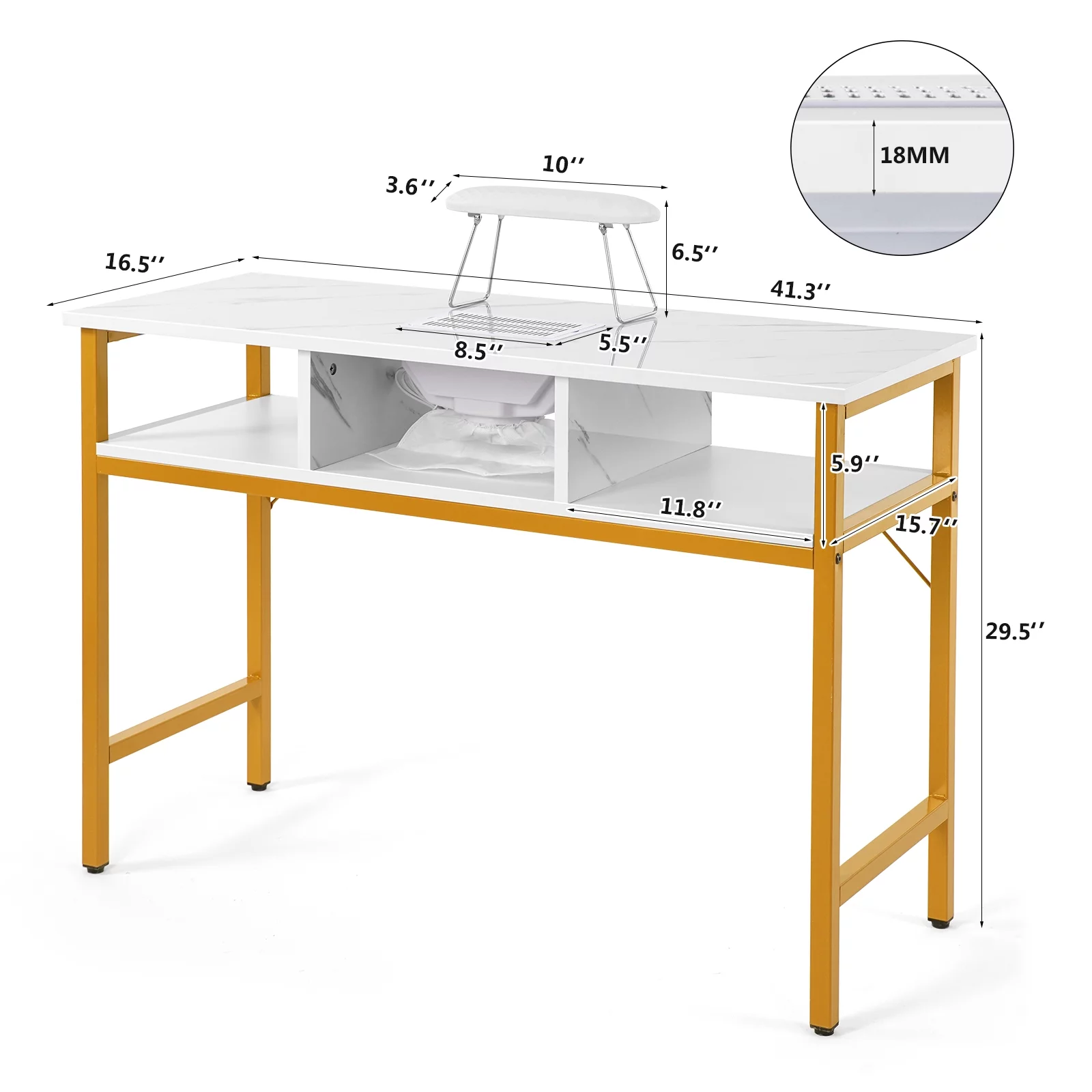 Marble White Manicure Table Nail Desk Technician Desk Salon Workstation with Electric Dust Collector, Shelves, Foldable Armrest, Golden Legs