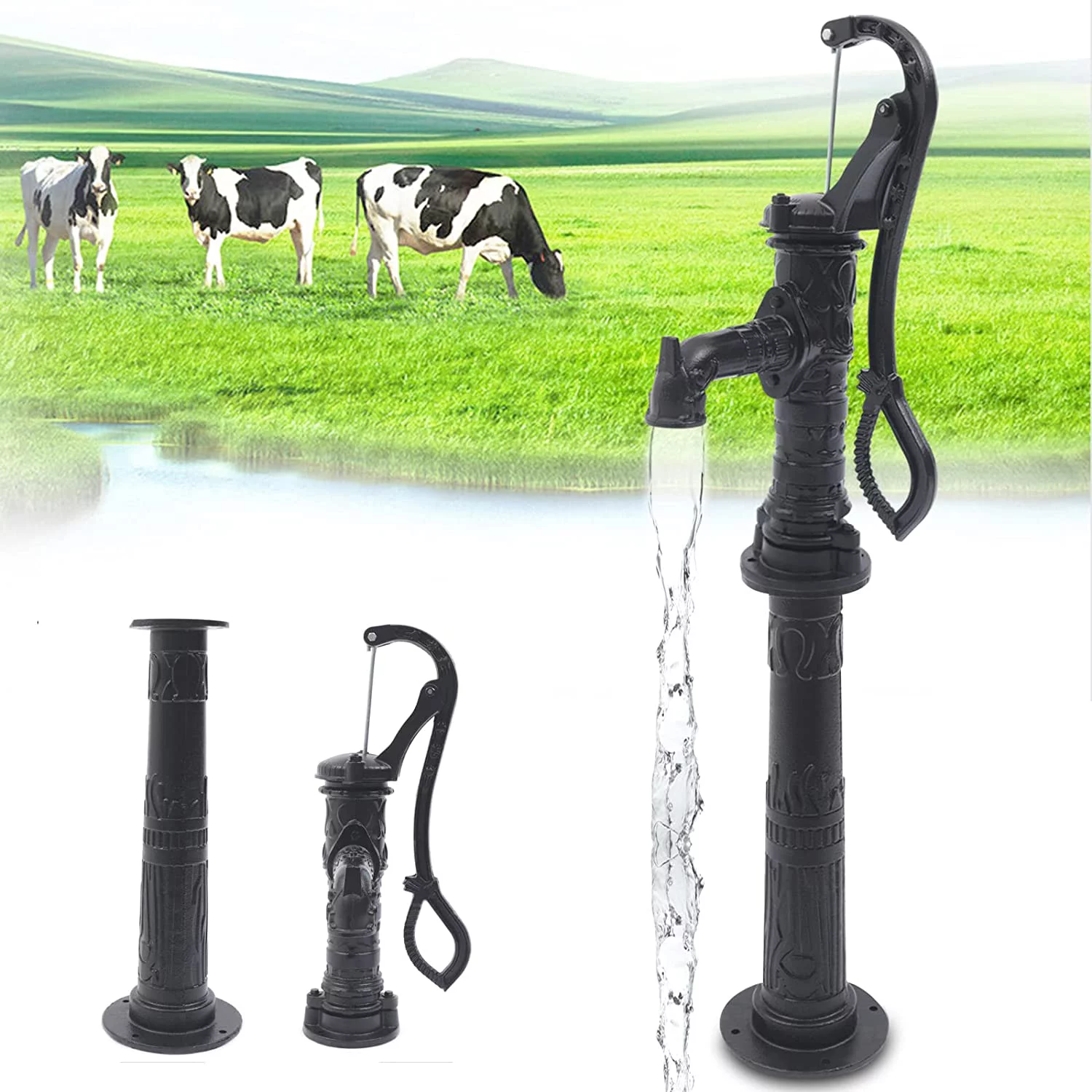 Hand Pump Cast Iron Well Water Pitcher Press Suction Garden 19.69ft w/ Stand Tall Shallow Well Pitcher Hand Water Pump w/ Stand Cast Iron 19.69ft Suction Garden Hand Water Pump Cast Iron Black