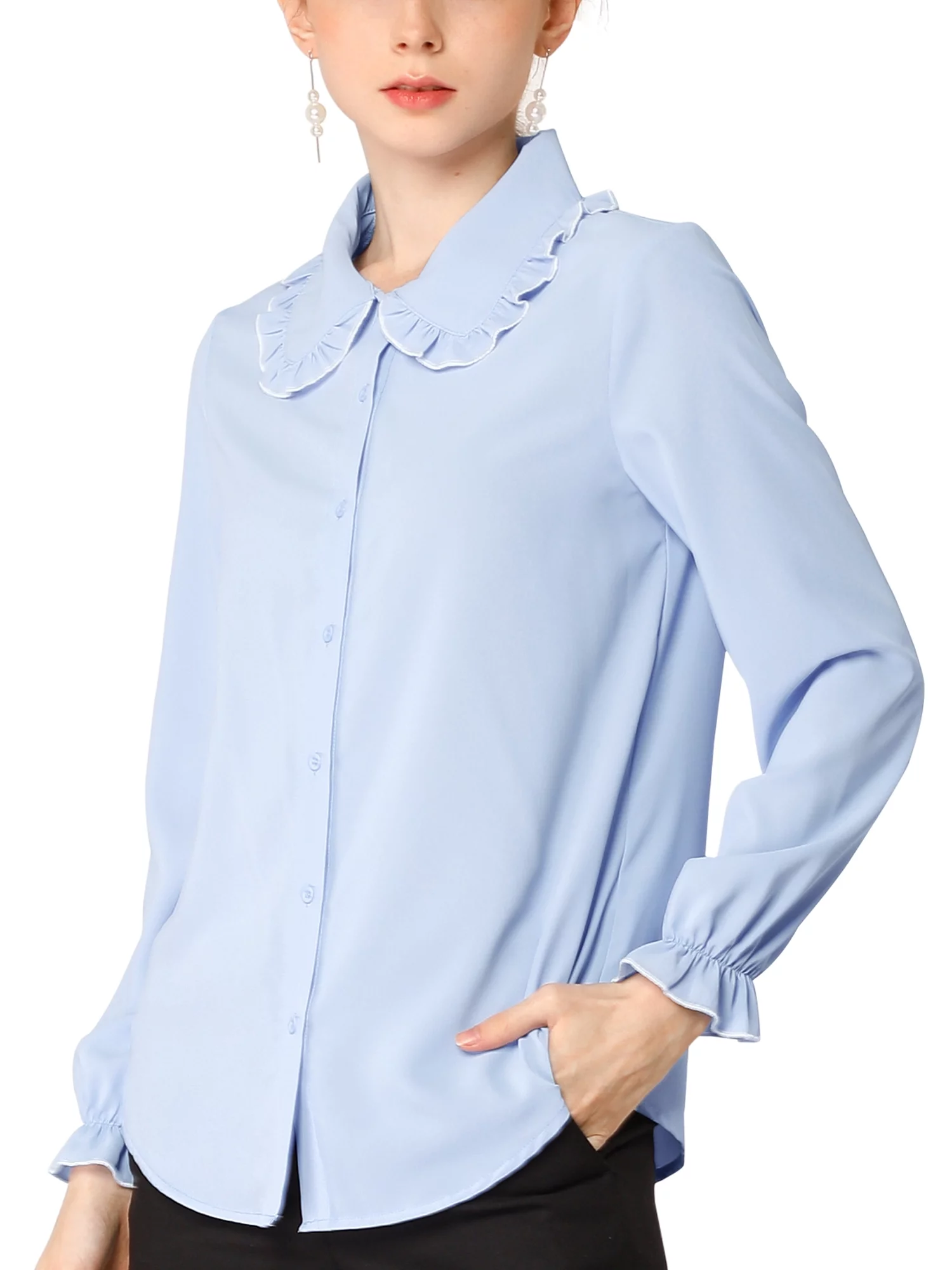 MODA NOVA Junior's Sweet Ruffle Peter Pan Collar Button Up Shirt Light Blue M