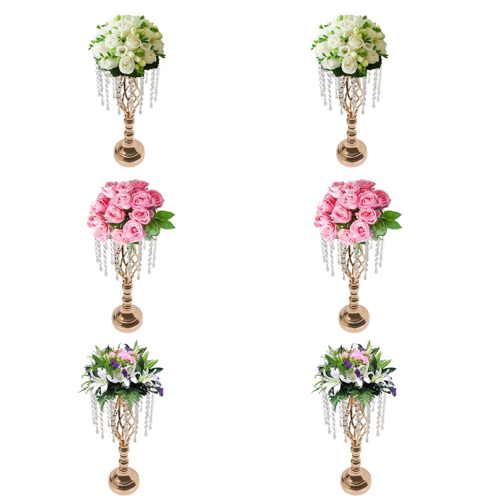 6PCS Crystal Flower Stands Gold DIY Vases Wedding Table Centerpieces 55cm Tall