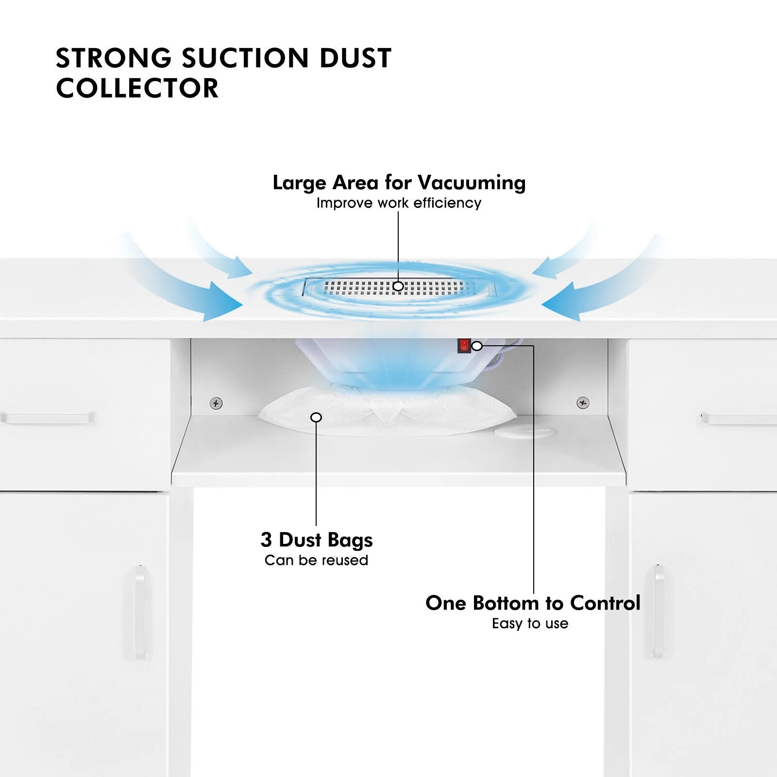 Artist Hand Manicure Table Nail Table Desk Salon Beauty Workstation with Dust Collector, Storage Rack, 2 Drawers, 2 Doors, Wrist Cushion, Lockable Wheels