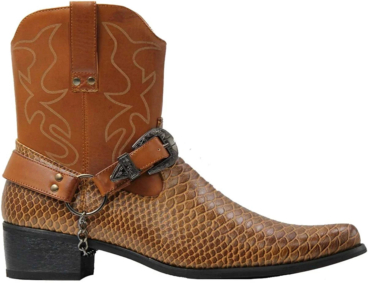 Men's Cowboy Boots Western Snake Skin Print Alligator Crocodile Zippper Buckle Harness