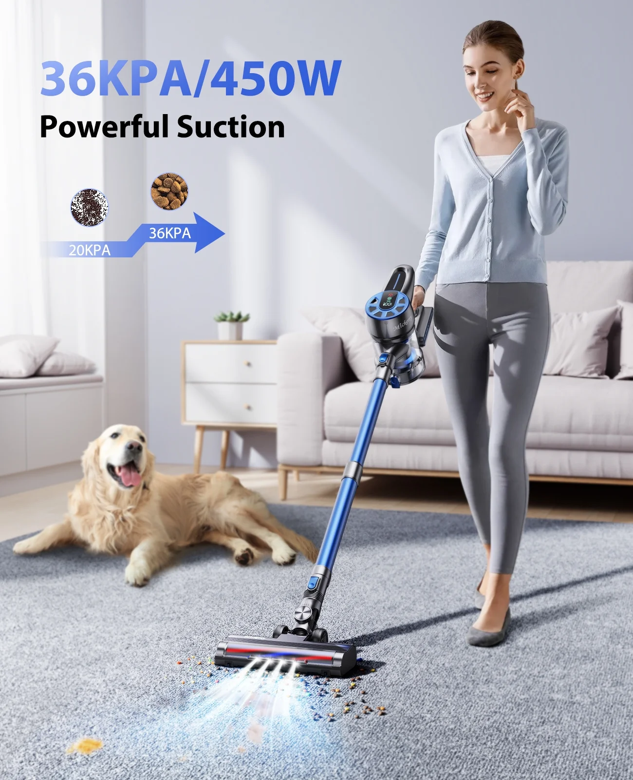 Cordless Vacuum Cleaner, Power Stick Vacuum 450W 36Kpa with Long Runtime Detachable Battery, Vacuum Cleaner with LED Display Lightweight & Quiet, for Pet Hair, Floor, Carpet, 1.5L Dust Cup