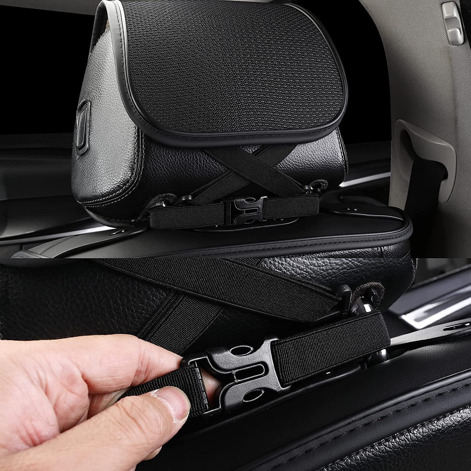 Coverado Front Pair Seat Protector, Breathable Leather & Fabric Car Seat Cushions 2 Pieces, Oval Pattern, Protective Seat Covers Universal Fit Most Vehicles, Sedans, SUVs, Trucks and Vans, Black