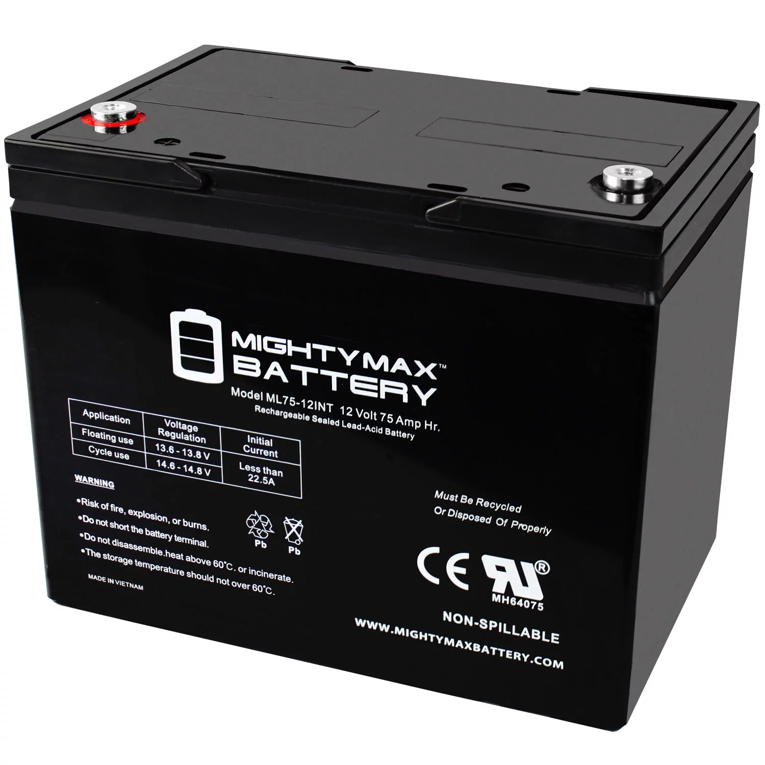 ML75-12INT -12 Volt 75 AH, Internal Thread (INT) Terminal, Rechargeable SLA AGM Battery