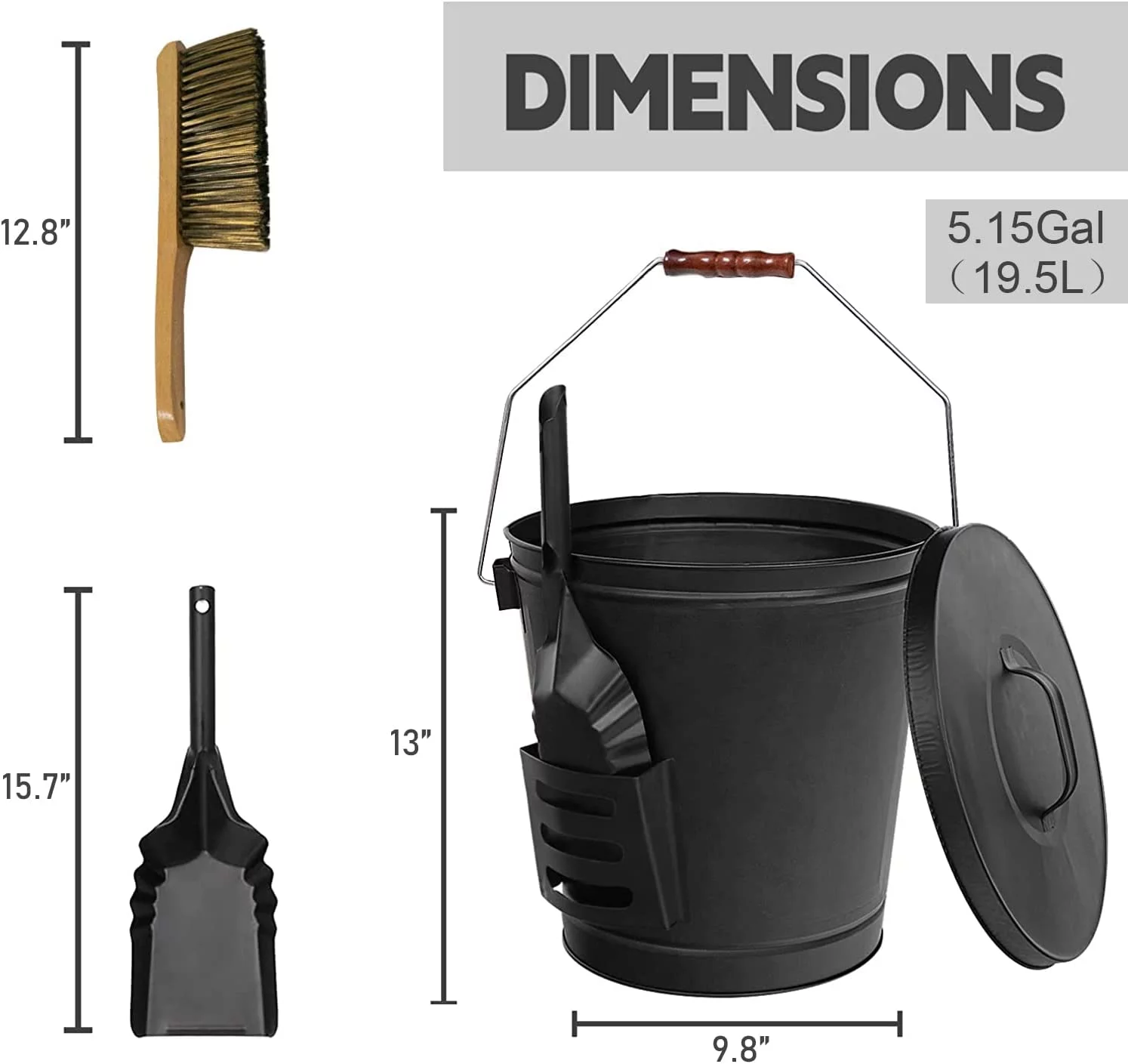 Fireplace Ash Bucket with Lid Shovel and Hand Broom, 5.15 Gallon Charcoal Wood Fire Pits Burning Stoves, Coal/ Large Pellet Metal Buckets/Hot Wood Carrier Pail Fire Pits Ash Can Cleaning Tools