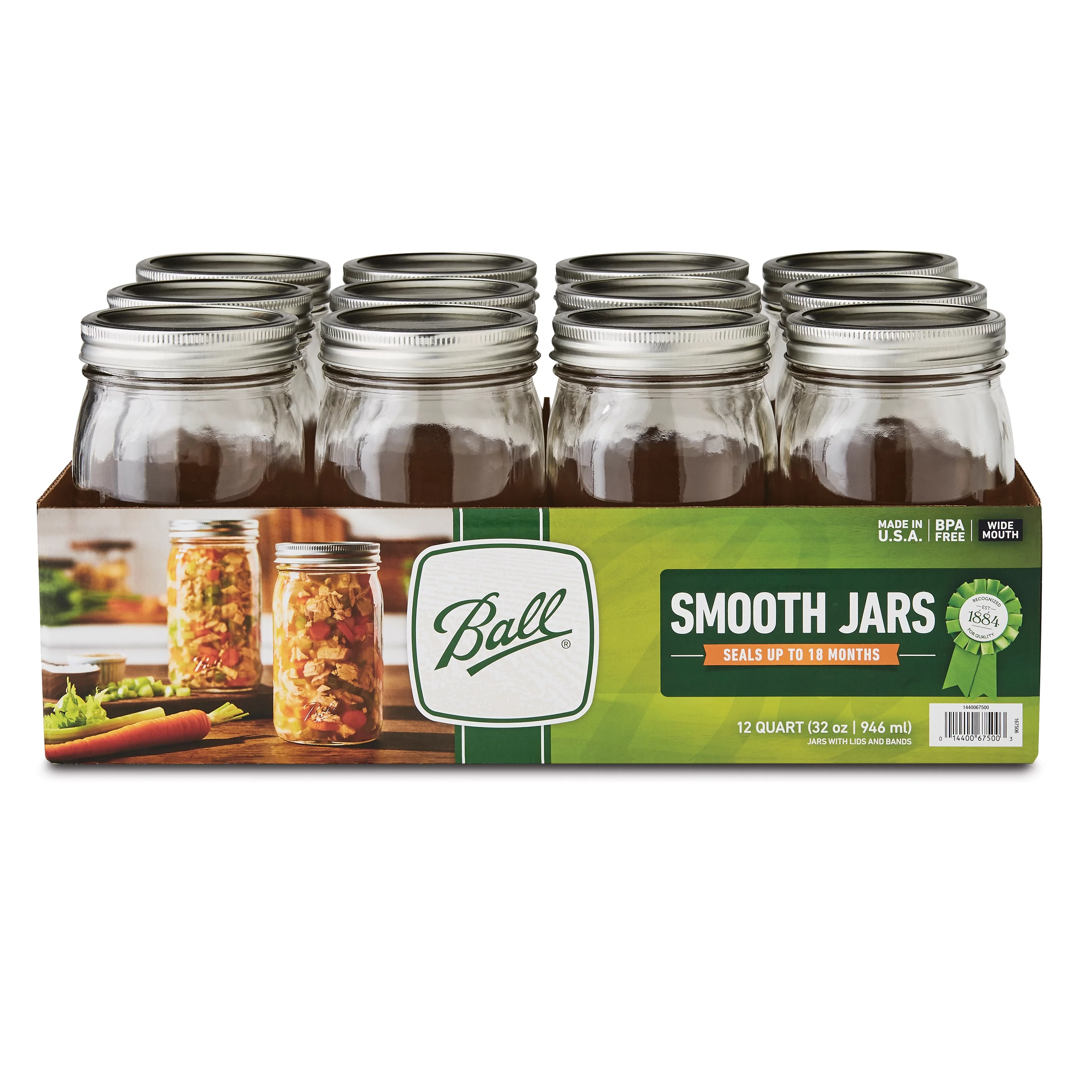 Ball, Smooth-Sided Glass Mason Jars with Lids & Bands, Wide Mouth, 32 oz, 12 Count