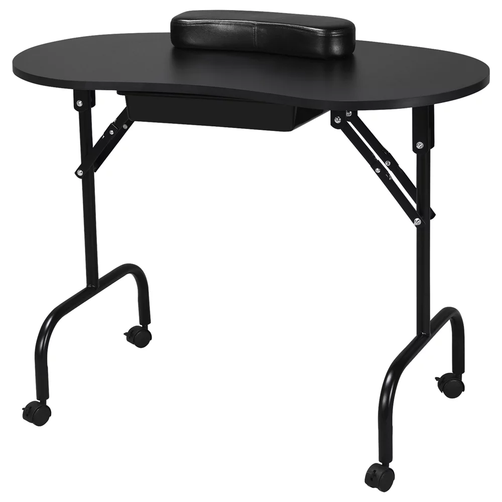 Alden Design Folding Manicure Table with Lockable Wheels and Bag, Black