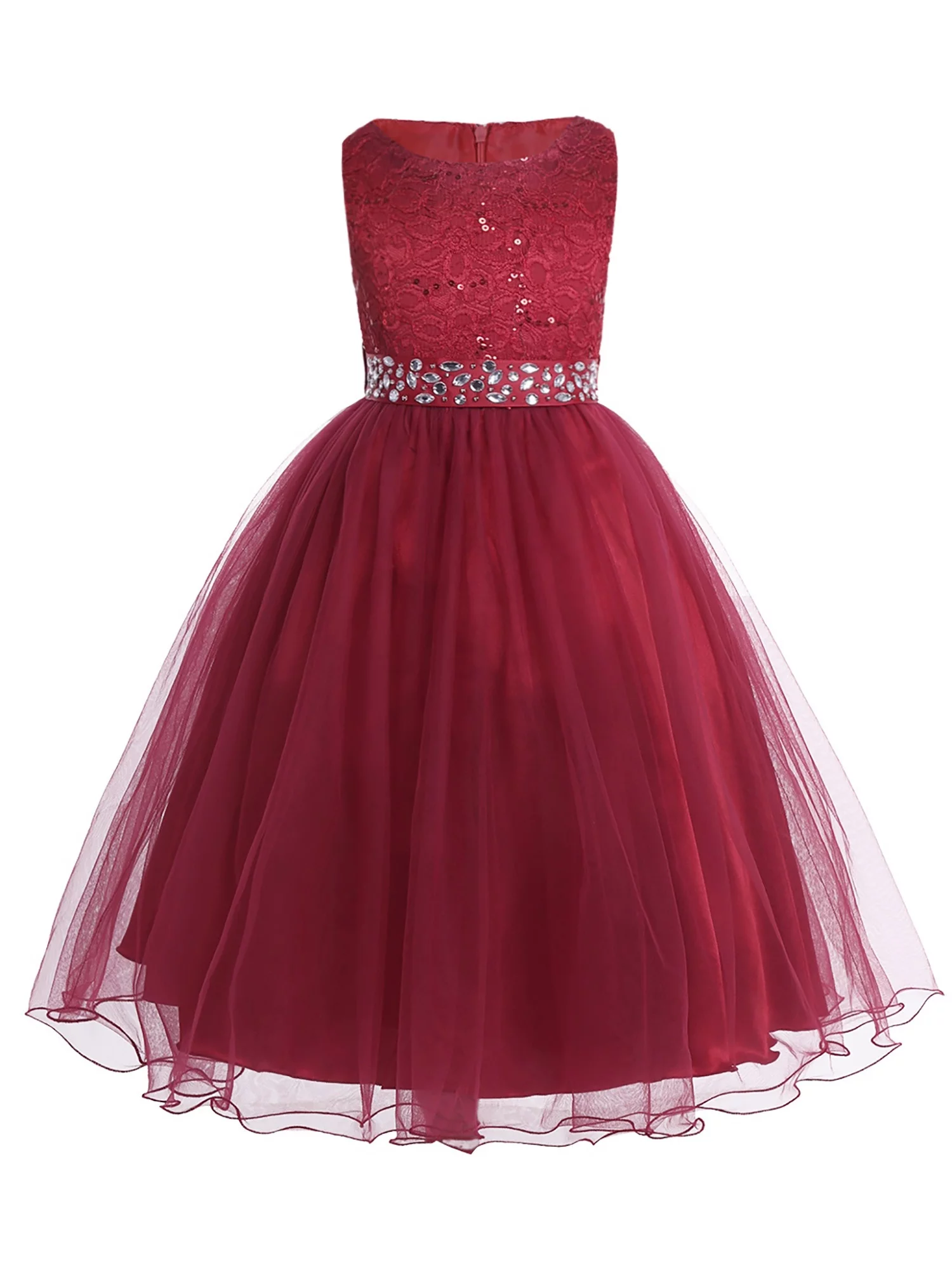 Aislor Kids Girls Christening Dress Flower Girls Rhinestone Belt Evening Gown 2-16 Burgundy 6