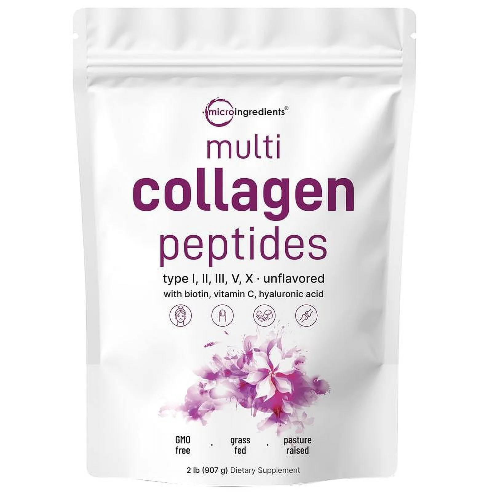 Multi Collagen Peptides Powder - Hydrolyzed Protein Peptides (Type I,II,III,V,X) with Hyaluronic Acid, Biotin & Vitamin C - Unflavored 2 Pounds – Type I,II,III,V,X with Biotin 10000mcg