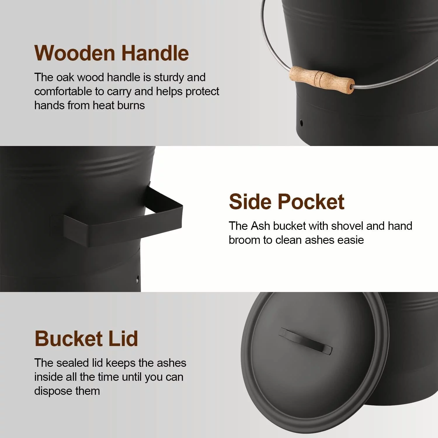 Fireplace Ash Bucket with Lid Shovel, Hand Broom and Gloves, 2.6 Gallon Charcoal