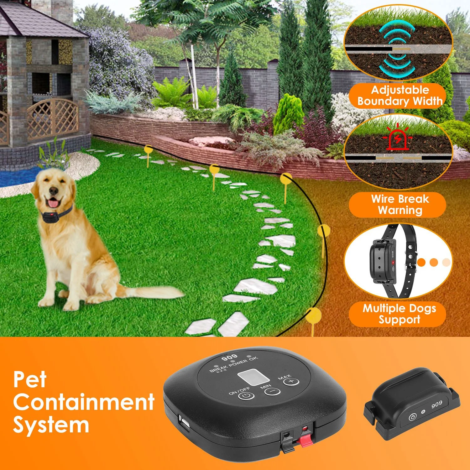 iMounTEK Electric Dog Fence System Pet Containment System with 9 Adjustable Levels IPX8 Waterproof Rechargeable Dog Training Collar for Small Medium Large Dogs, 1 Transmitter 1 Receiver