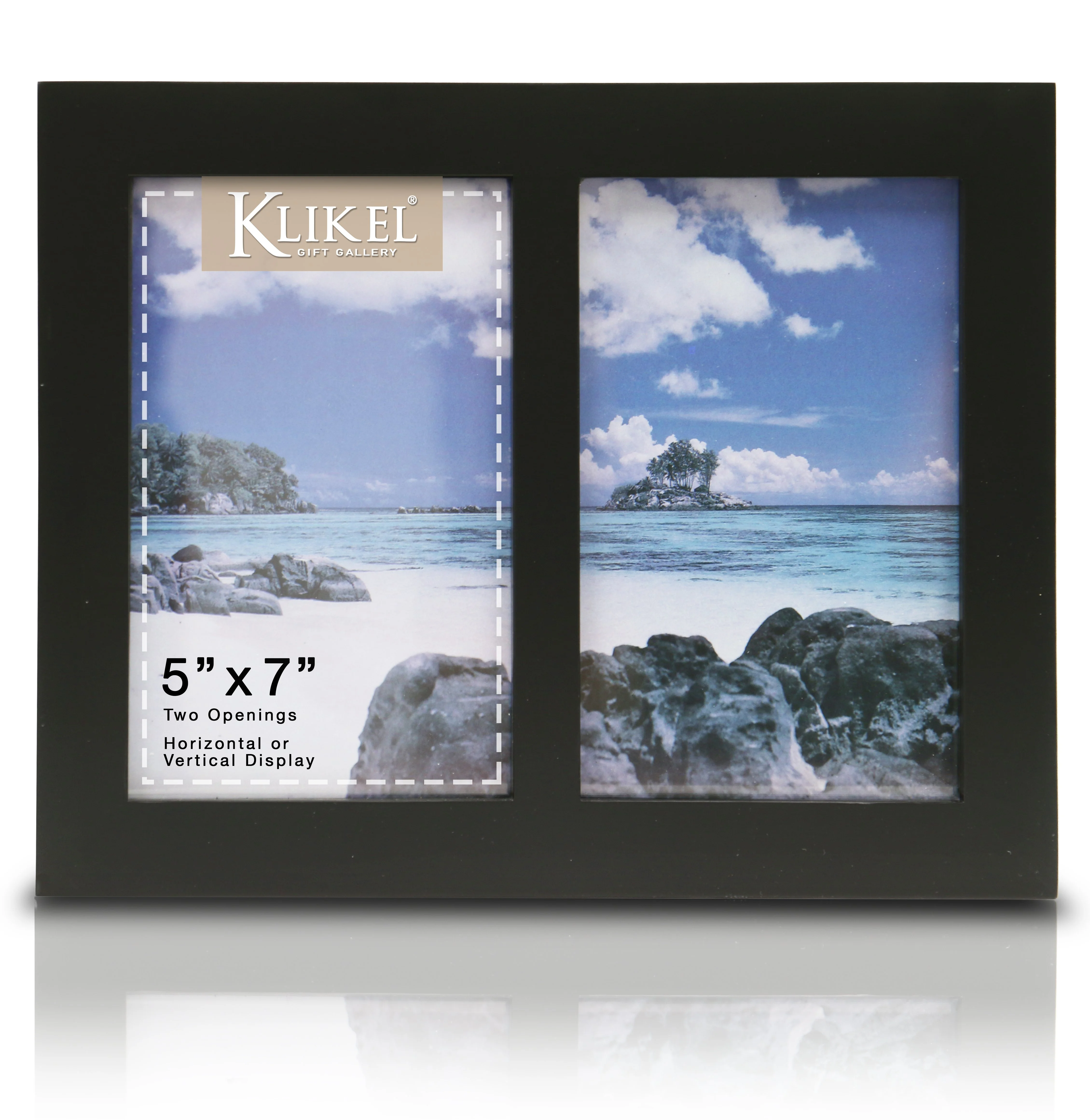 Klikel Photo Collage Frame - Black Wooden Wall Frame - 2 Openings – 5x7 Pictures - Decorative Family Picture Frame