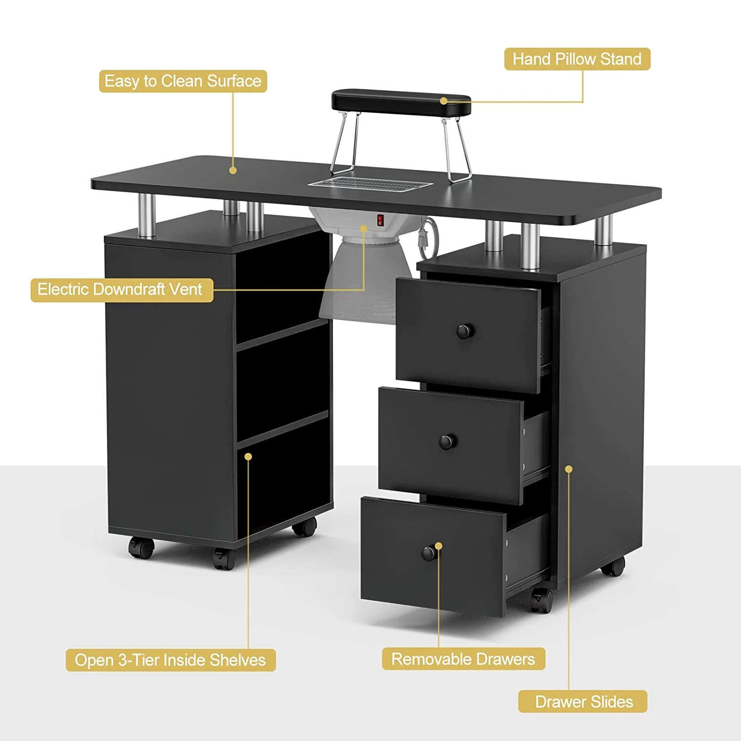 YiSHOP Manicure Table, Nail Beauty Manicure Desk Nail Table Station for Nail Tech w/Electric Downdraft Vent, Foldable Nail Arm Rest, Lockable Wheels, Storage 3-Tier Shelves & Drawers (Black)