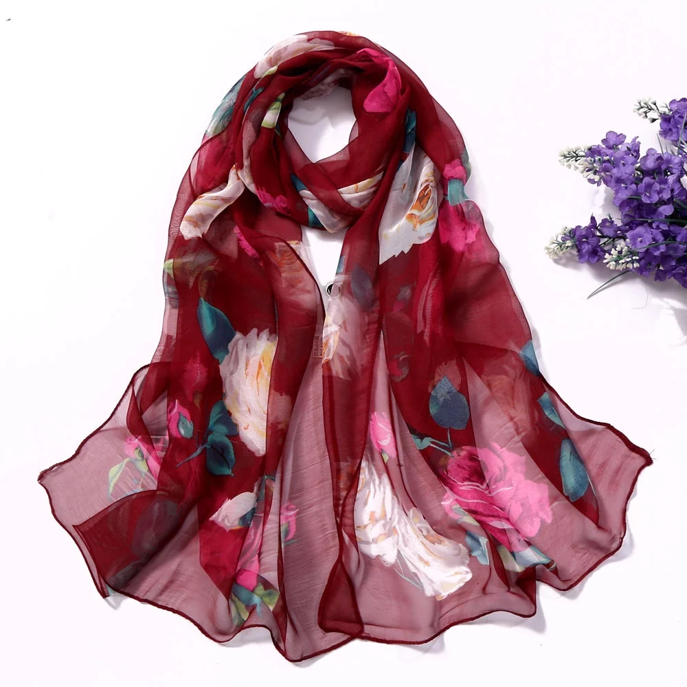 Gobestart Fashion Women Roses Printing Long Soft Wrap Scarf Simulation Silk Shawl Scarves