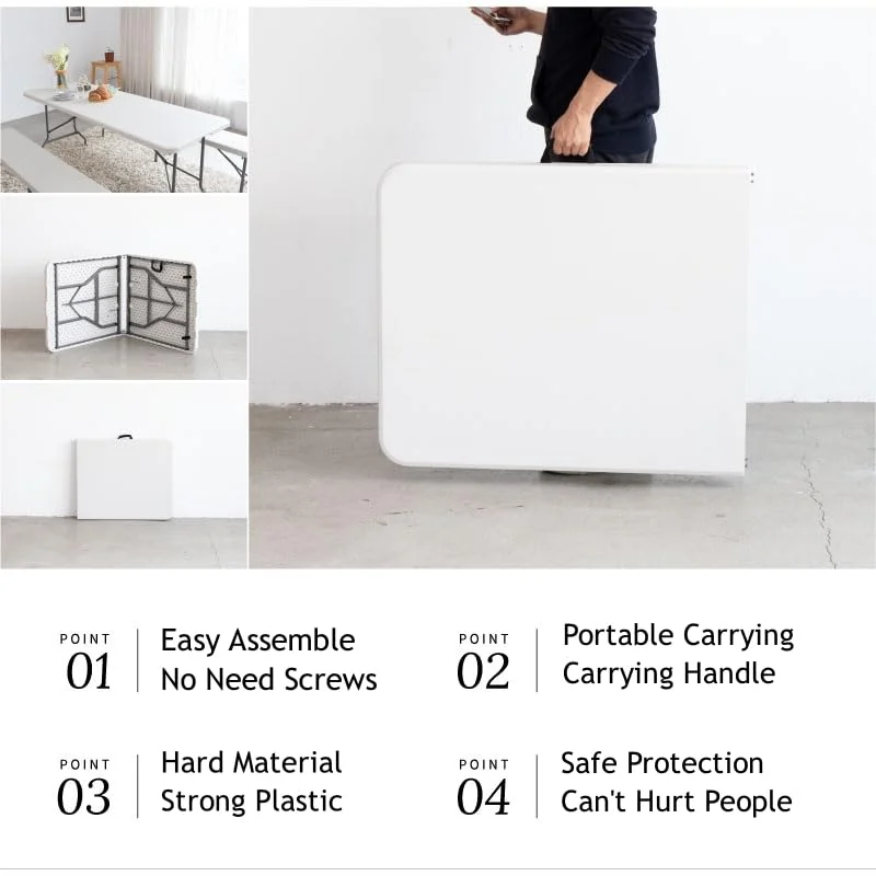 VTOY 6FT Folding Table White Plastic Folding Table Portable Long Foldable Tables Indoor Outdoor Picnic Camping Fold Table 6 Foot Party Table (4ft, 6ft, 8ft)