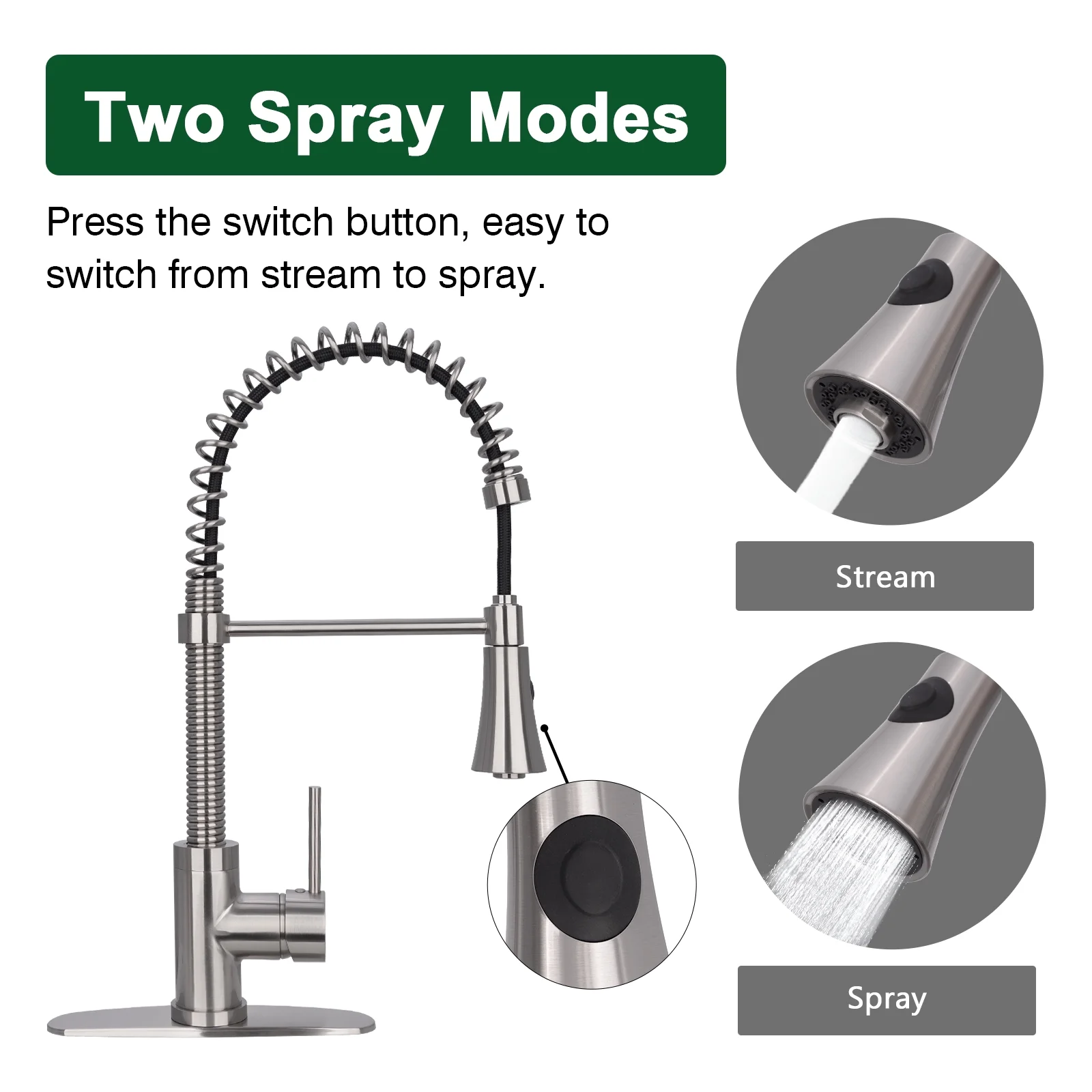 Akicon Pre-Rinse Spring Kitchen Faucet , Single Handle Solid Brass High Arc Pull Down Sprayer Head Kitchen Sink Faucet with Deck Plate - Brushed Nickel