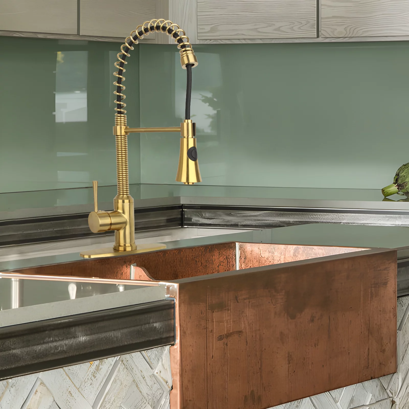 Akicon Pre-Rinse Spring Kitchen Faucet , Single Handle Solid Brass High Arc Pull Down Sprayer Head Kitchen Sink Faucet with Deck Plate - Brushed Gold