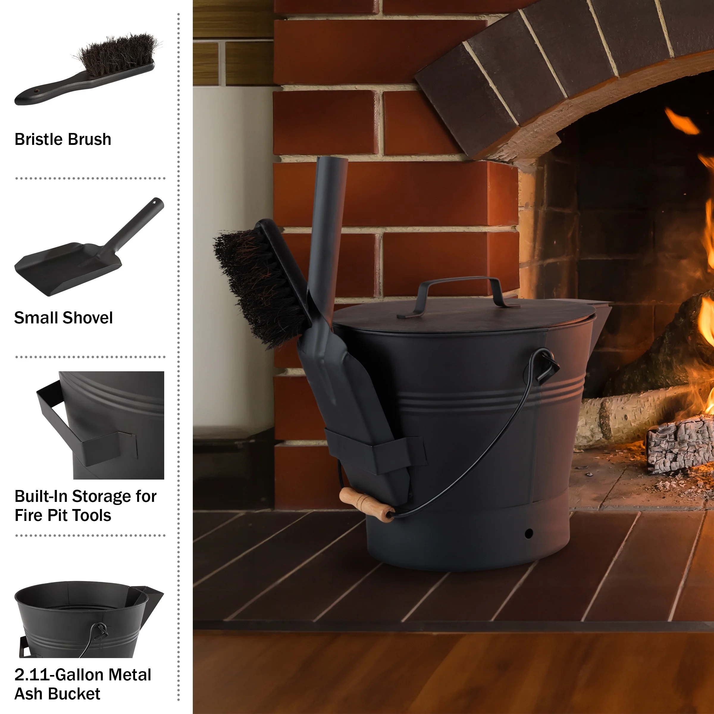 Pure Garden 2.11Gal Metal Ash Bucket with Lid, Broom, and Shovel (Black)