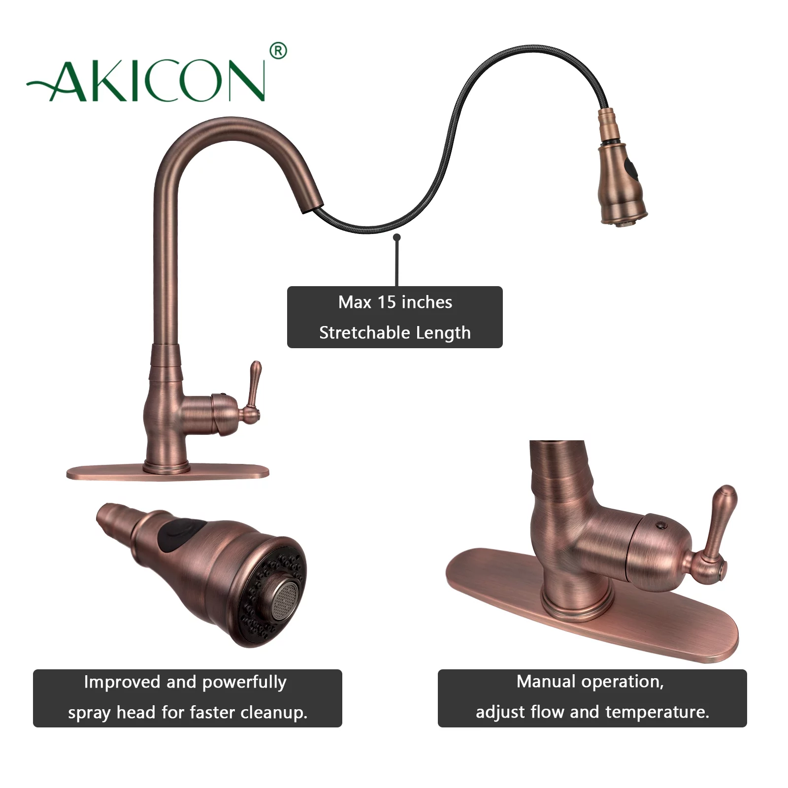 Akicon Copper Pull Out Kitchen Faucet with Deck Plate, Solid Brass Kitchen Sink Faucets with Pull Down Sprayer - Antique Bronze