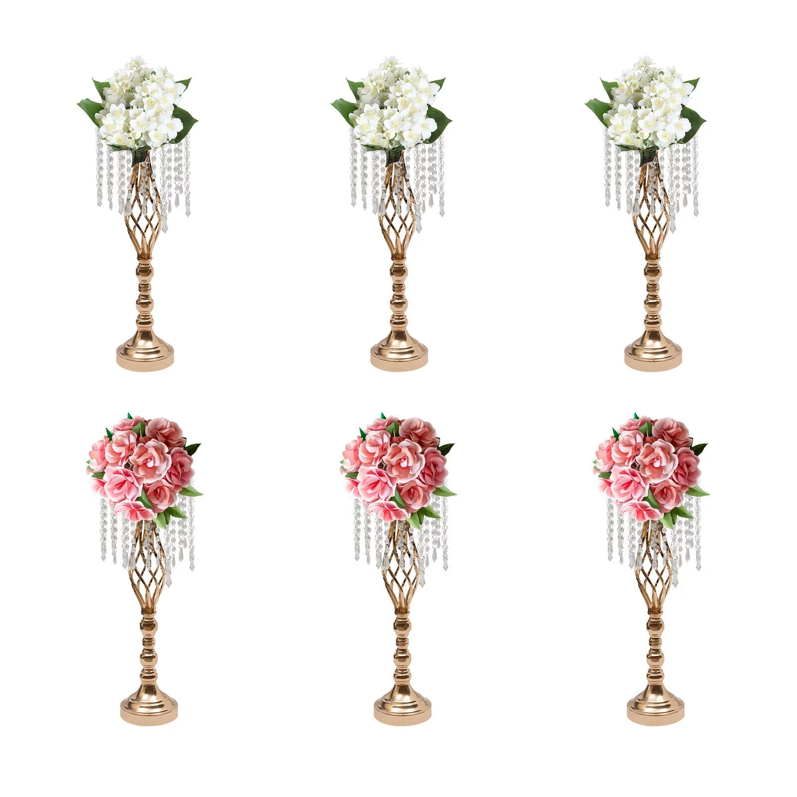 6PCS Crystal Flower Stands Gold DIY Vases Wedding Table Centerpieces 55cm Tall