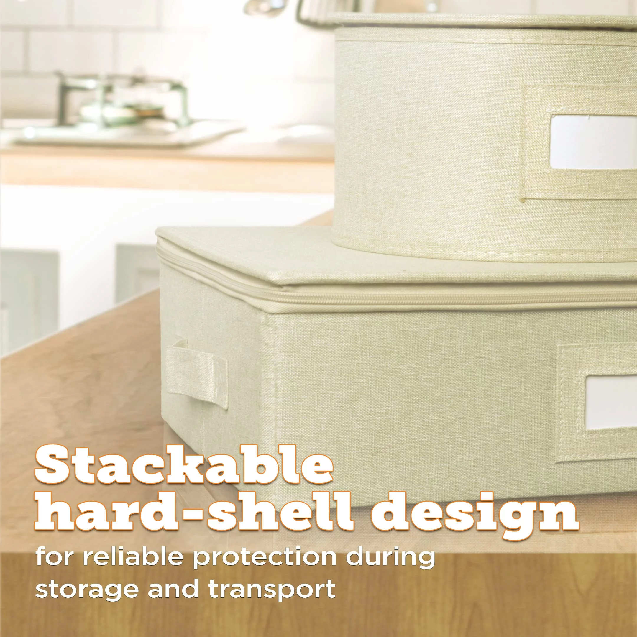 storageLAB Cup and Mug Storage Containers for Kitchen Organization - Quilted, Hard Case Stackable Storage Bin with Dividers, Double Zippers, & Label Windows - Holds 12 Coffee Mugs & Tea Cups - Cream