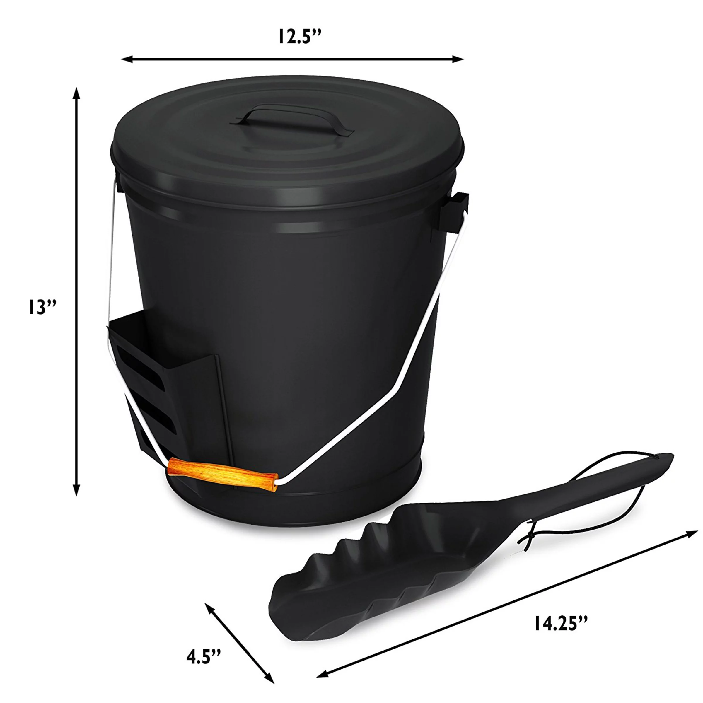 Home-Complete 4.75-Gallon Metal Ash Bucket with Lid and Shovel (Black)