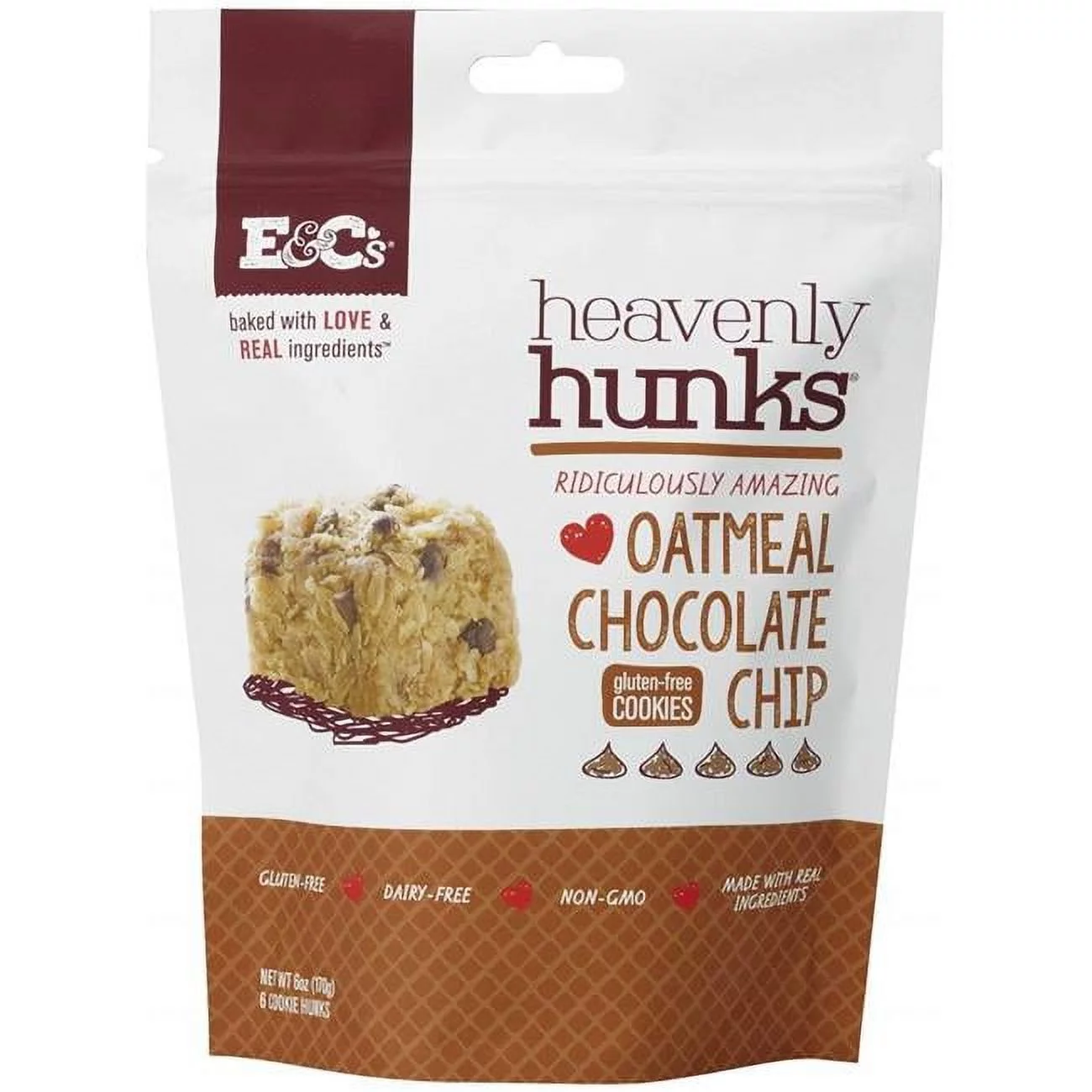 E&Cs Snacks Heavenly Hunks Oatmeal Chocolate Chip - Gulten Free, 6 oz - Pack of 6