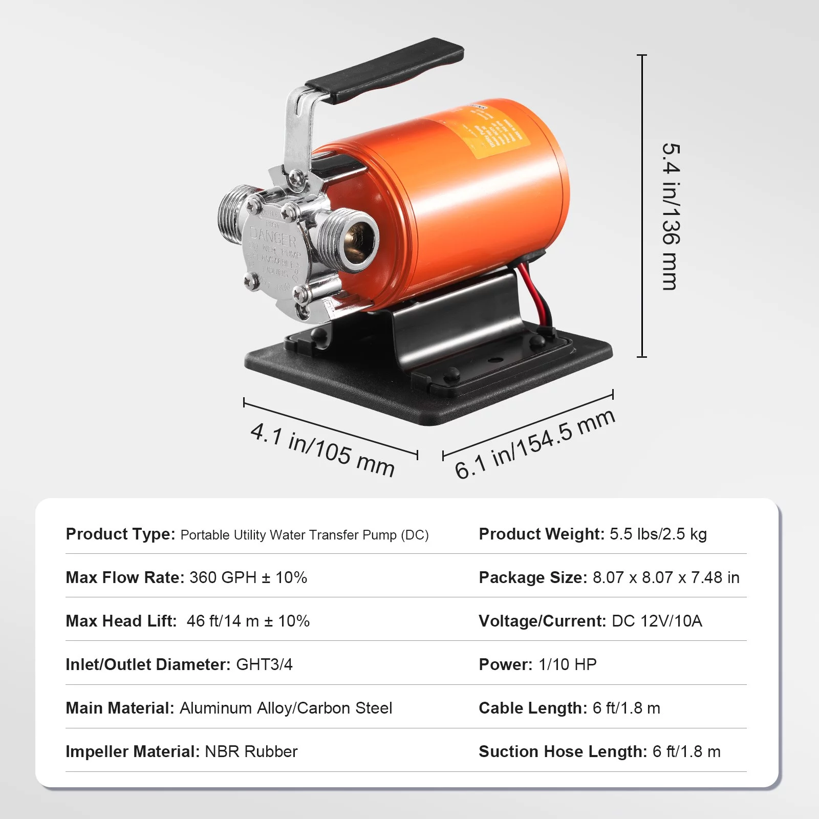 BENTISM Water Transfer Removal Pump Portable Utility Pump 12V 360 GPH 1/10 HP Hose
