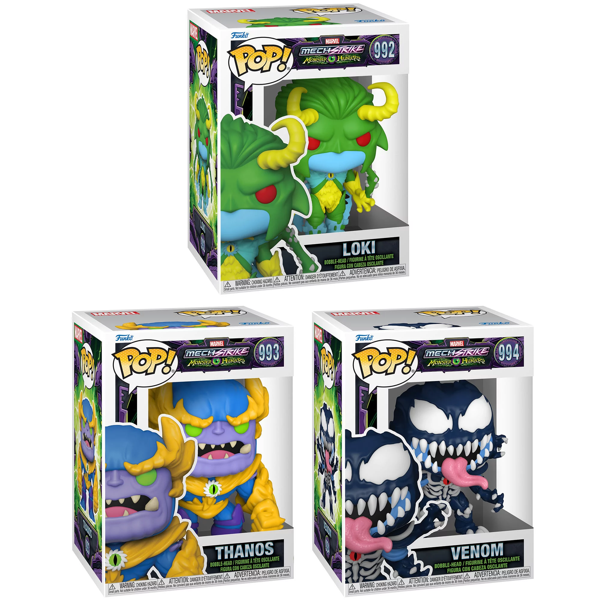 Funko Pop! Marvel: Mech Strike Monster Hunters Collectors Set - 3 Figure Set: Loki, Thanos, Venom