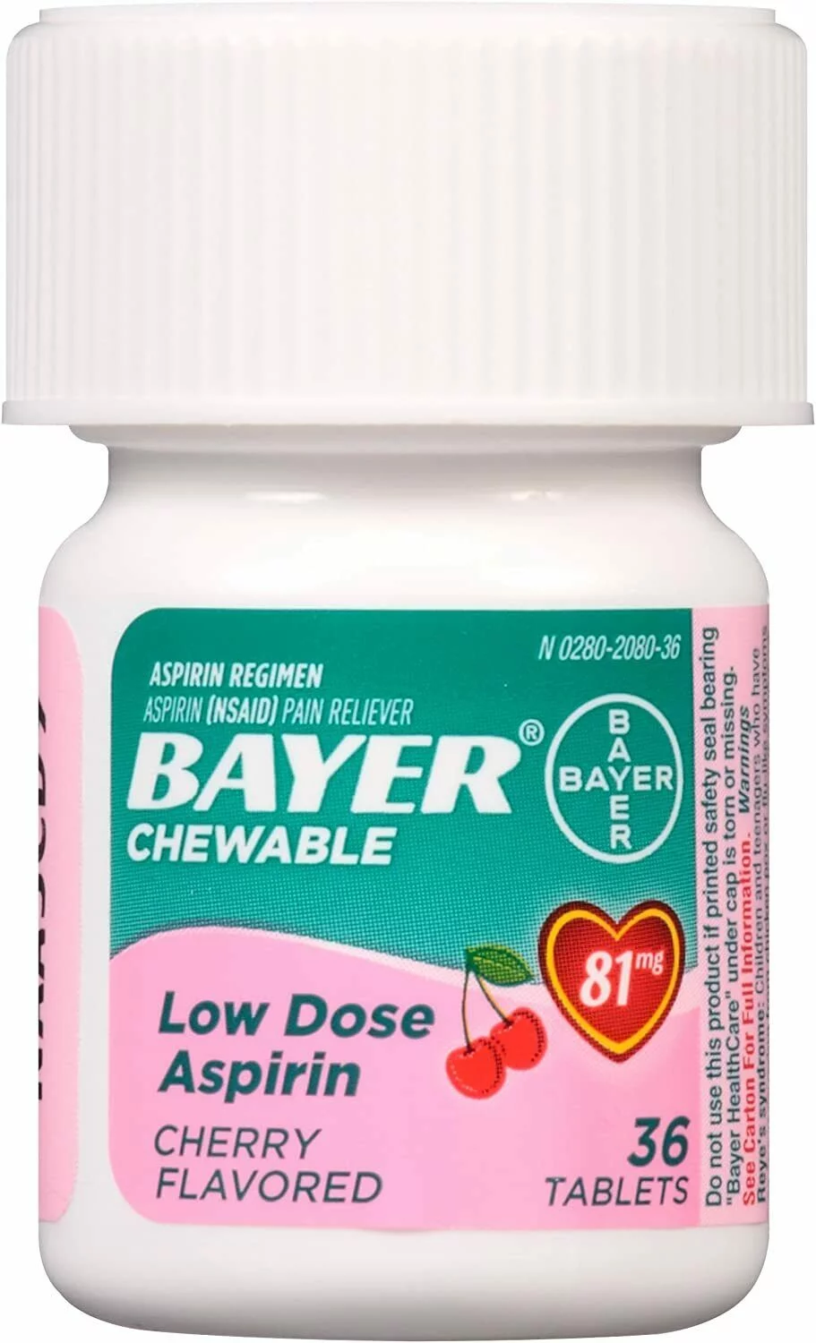 Bayer Chewable Low Dose 'Baby' Aspirin 81 mg Tablets Cherry 36 Tablets (Pack of 2)