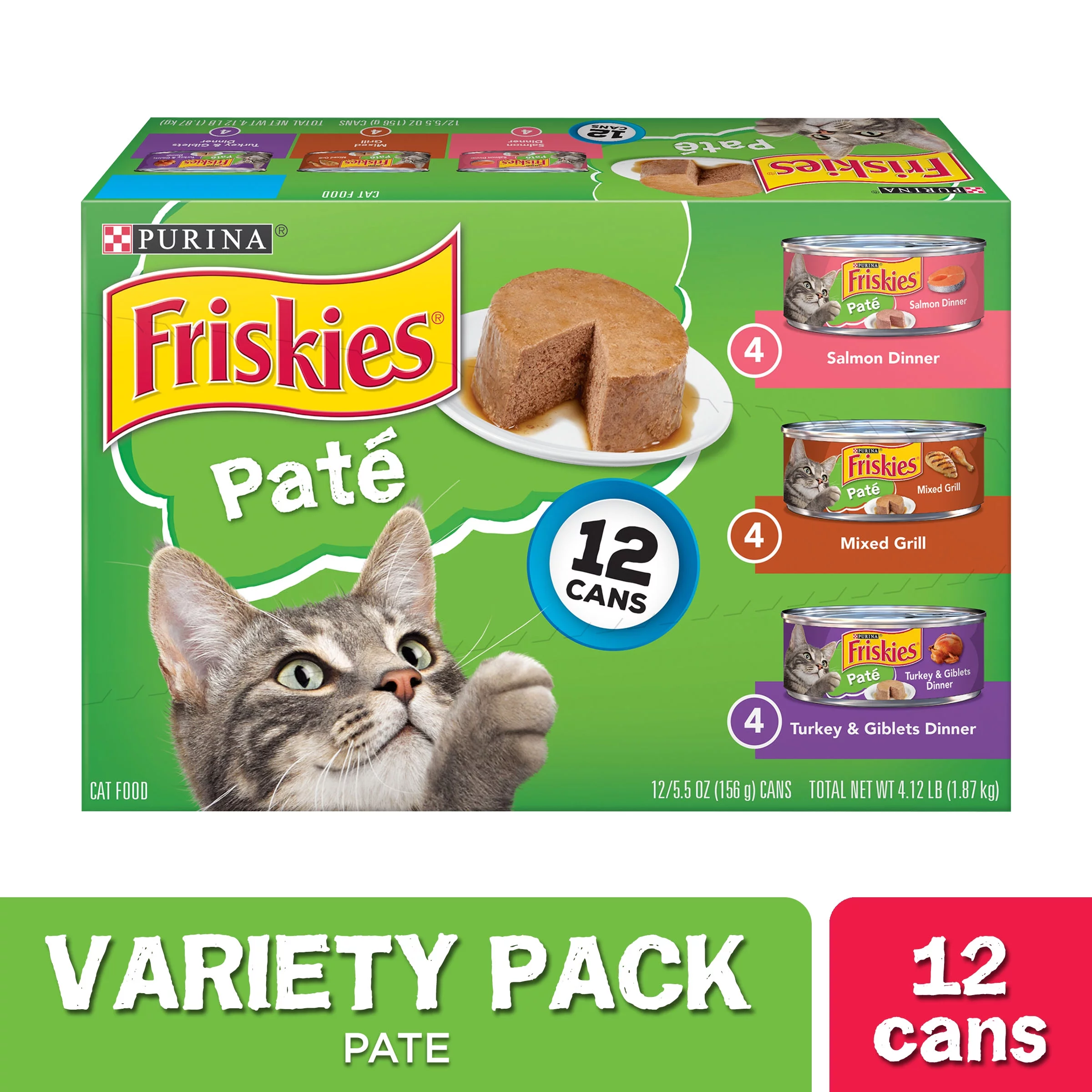 (24 Pack) Friskies Pate Wet Cat Food Variety Pack, Salmon, Turkey & Grilled, 5.5 oz. Cans