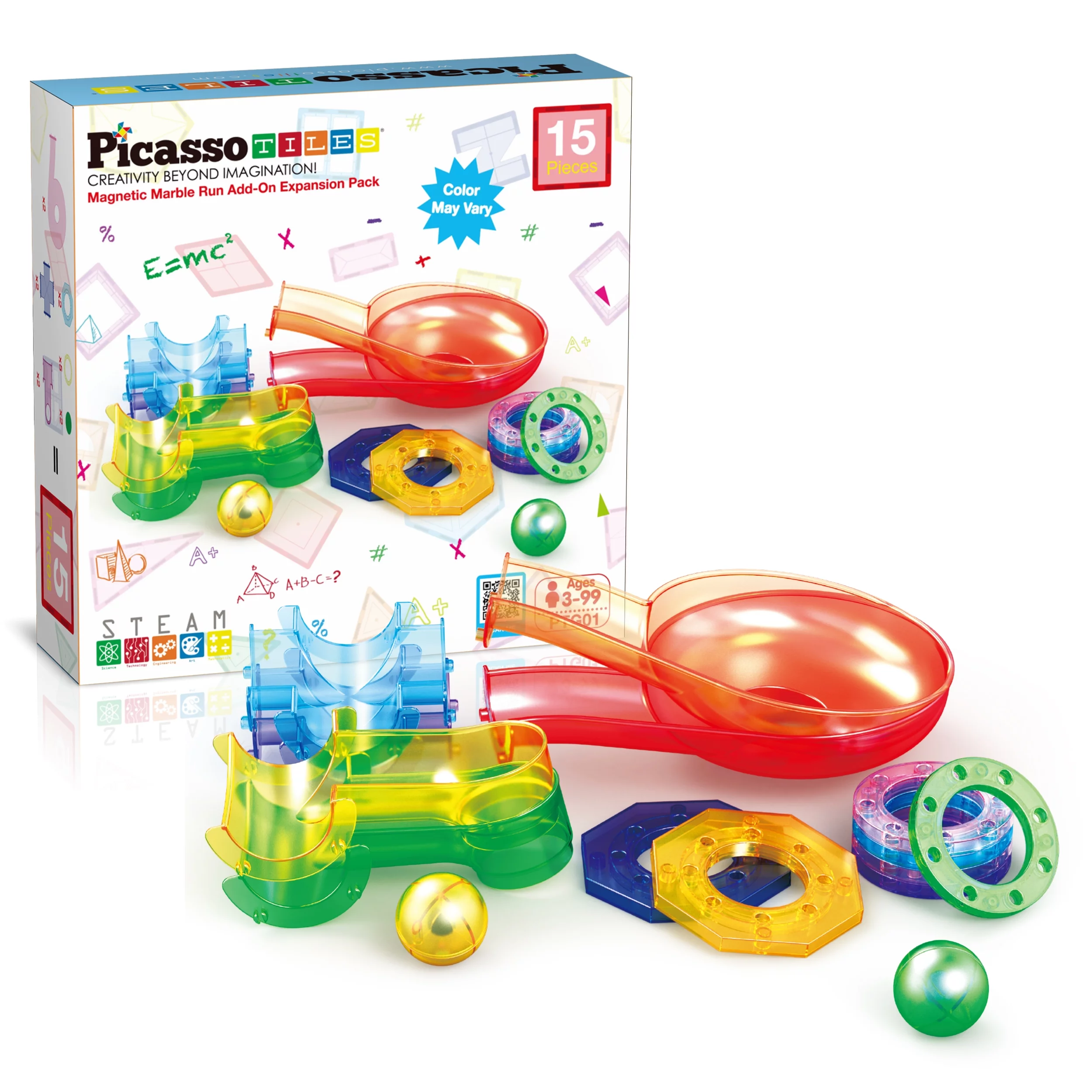 PicassoTiles 15 Pieces Magnetic Marble Run Building Blocks Playset for Kids Age 3+ PTG01